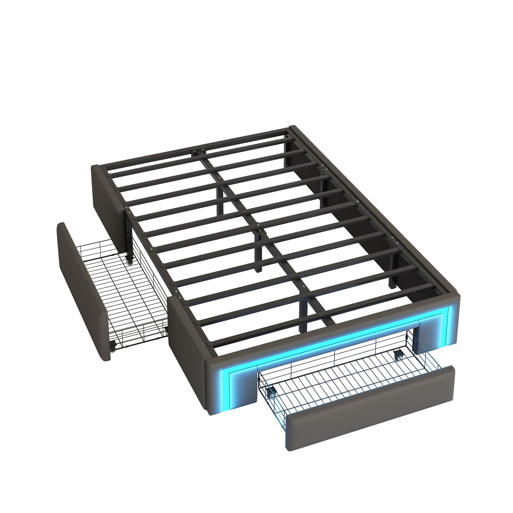 Bed Frame 90x200 Drawers LED Light Metal Slat Platform PU Leather, Grey