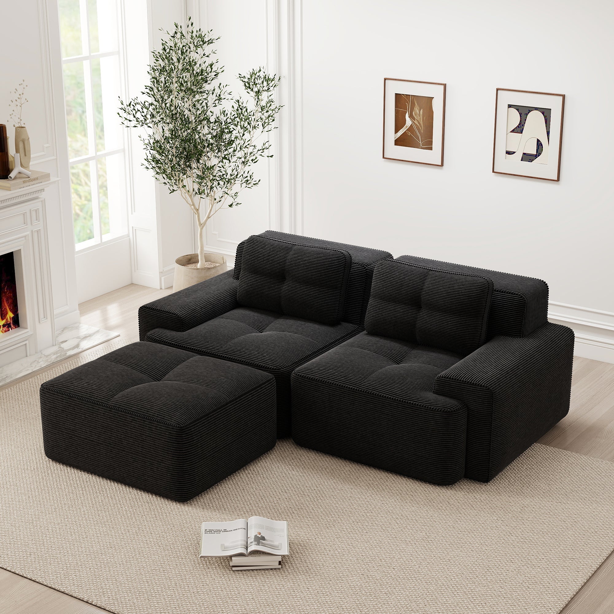 Boneless Modular Sofa L-Shaped Sleeper with Ottoman - Corduroy Black