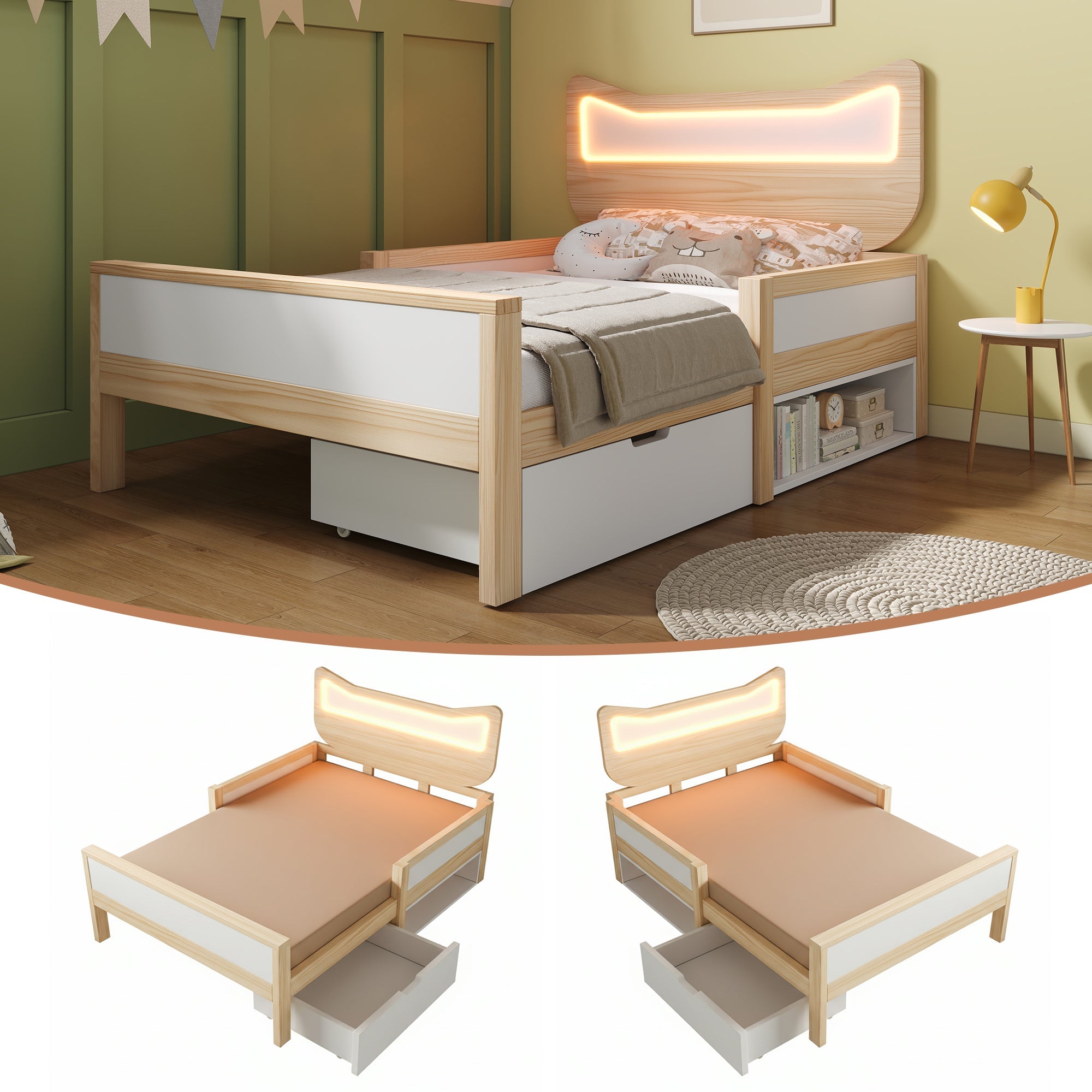 Children's Bed with Cat Ear Headboard, RGB LED Lighting, Drawer and Safety Rails, 90x200cm, White and Oak