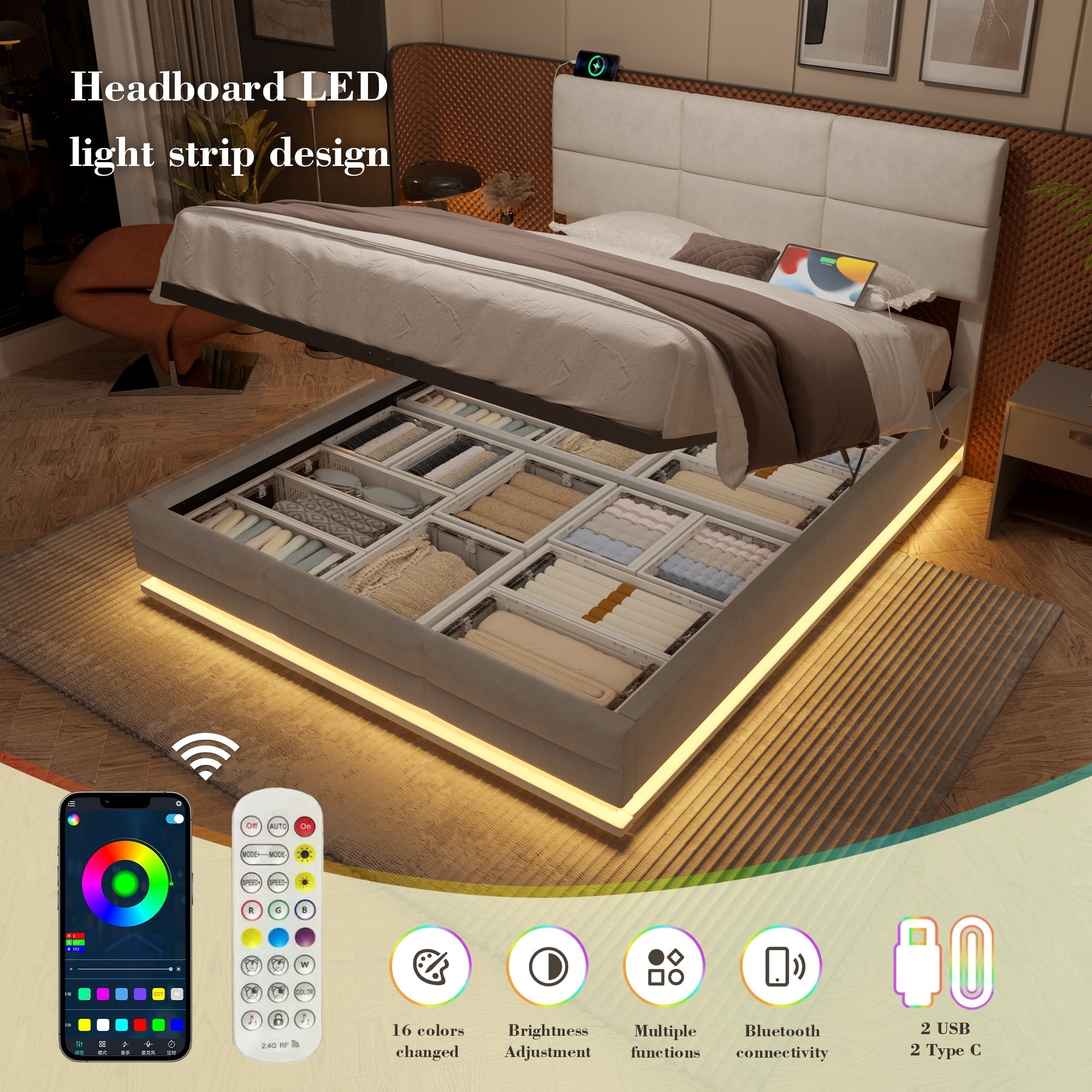 Modern Upholstered Bed 150x200cm, USB/LED, Hydraulic Storage, Beige Velvet