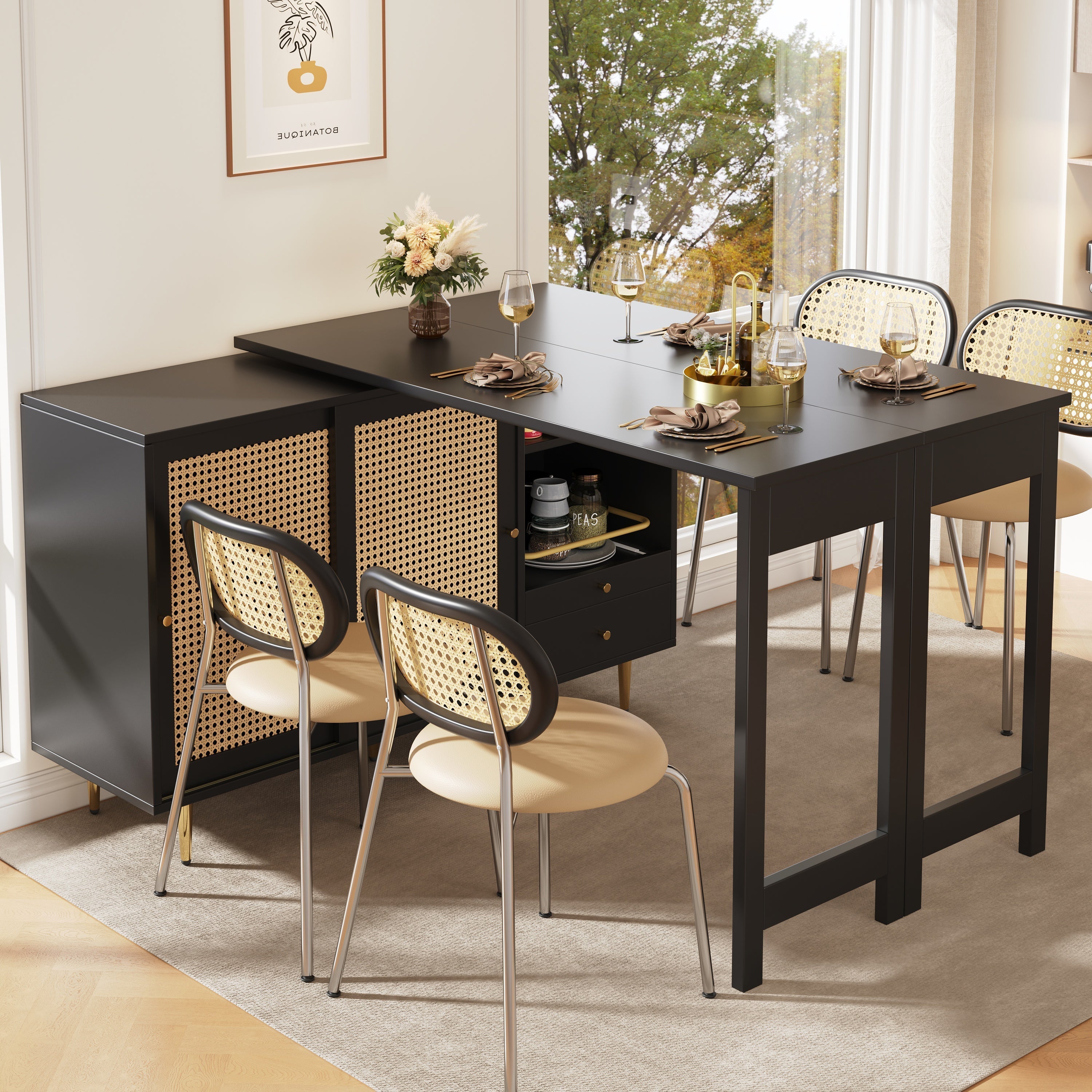 360° Rotating Bar Table Extendable Rattan Storage Cabinet Black