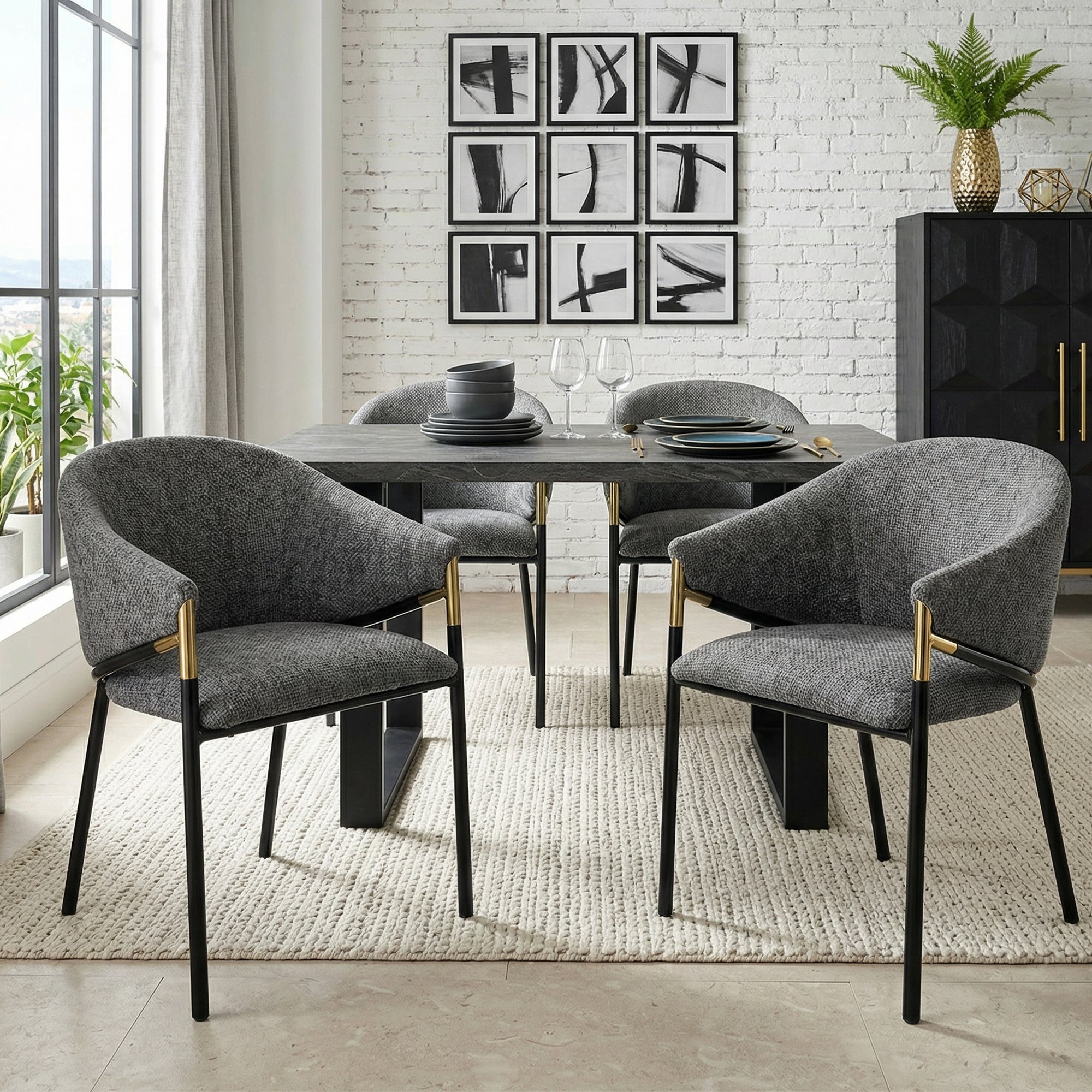 4 Dining Chairs, Modern Style with Gold Stainless Steel Handrails, Grey Chenille