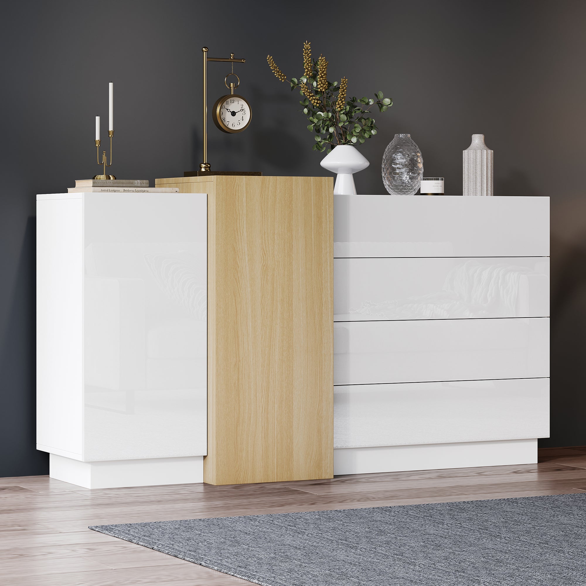 Sideboard Storage Cabinet, High-Gloss Modern Wood-Colored White