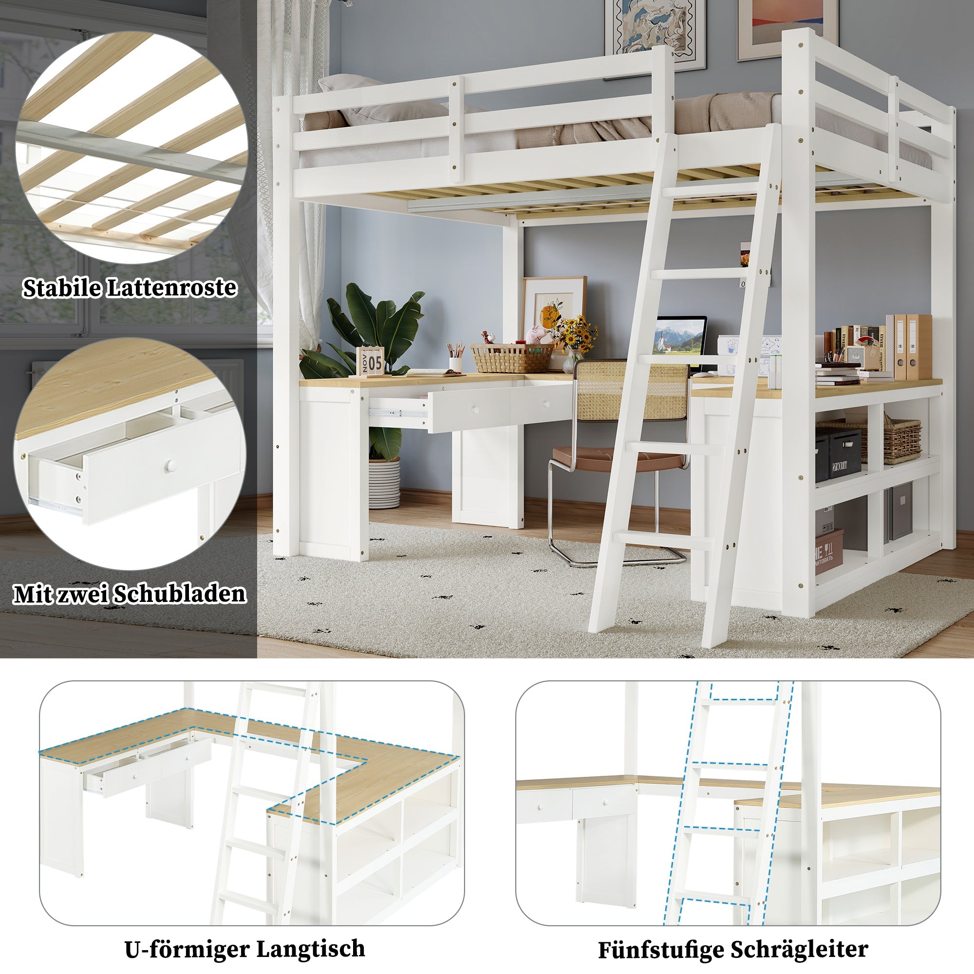 Loft Bed with U-Shaped Desk, 2 Drawers, Storage Shelf, 140x200cm, White + Natural Wood