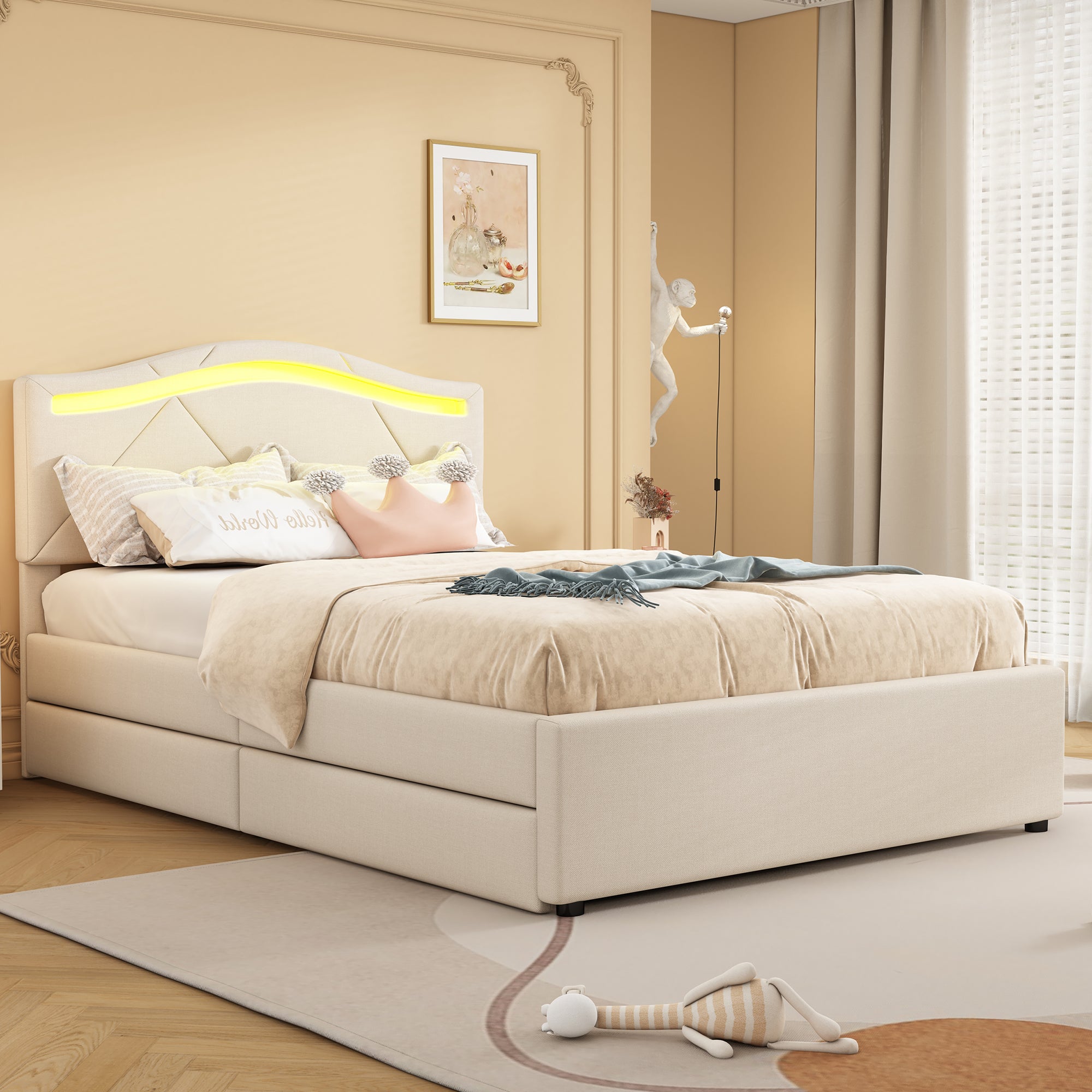 Upholstered Bed 90x200cm LED Lights 2-Drawer Adjustable Headboard Beige Linen