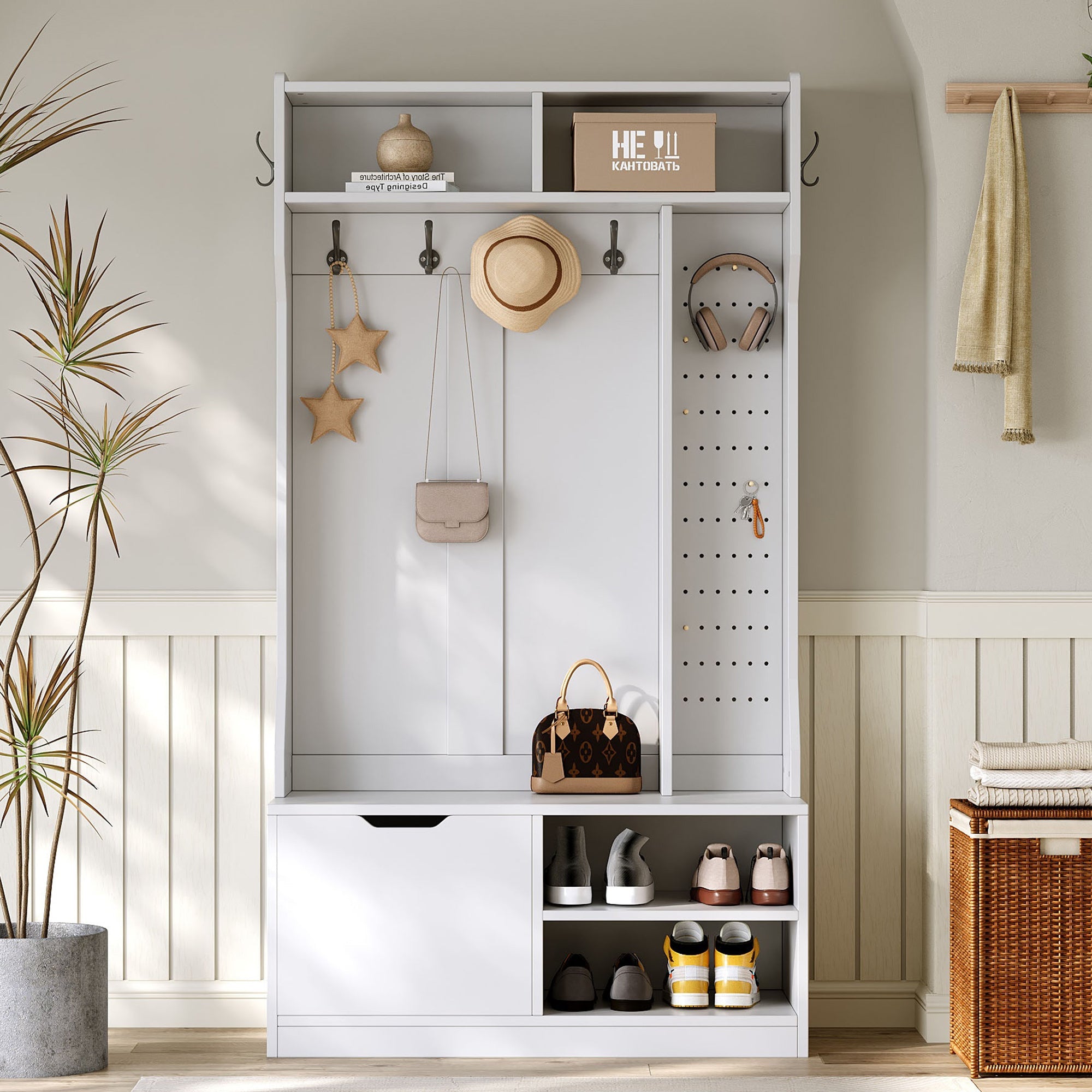 Wardrobe Set Hallway with Bench 6 Hooks 1 Door 4 Storage - White