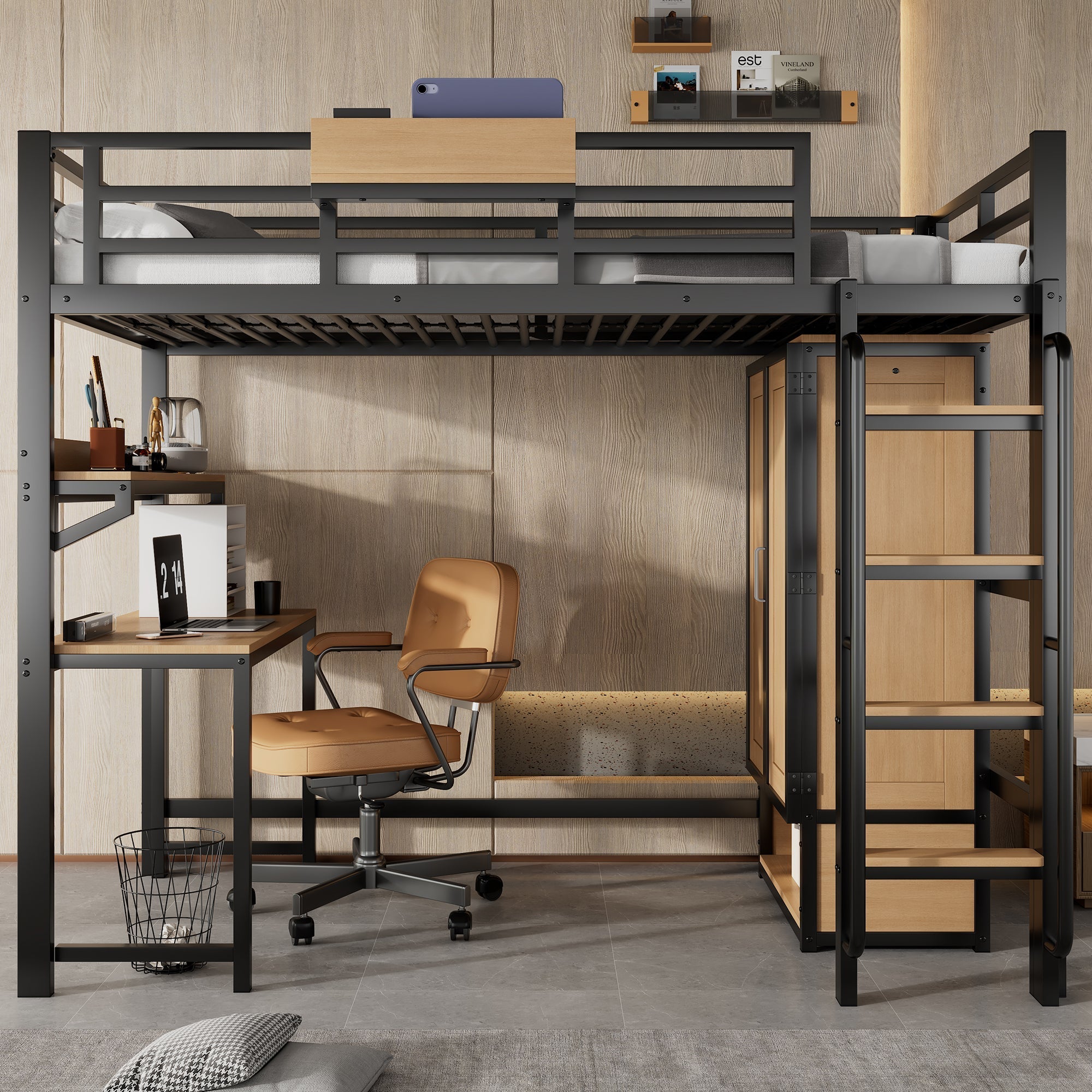 Iron Loft Bed, 90x200cm, Wardrobe Desk Stairs Storage, Black/Natural Iron + MDF