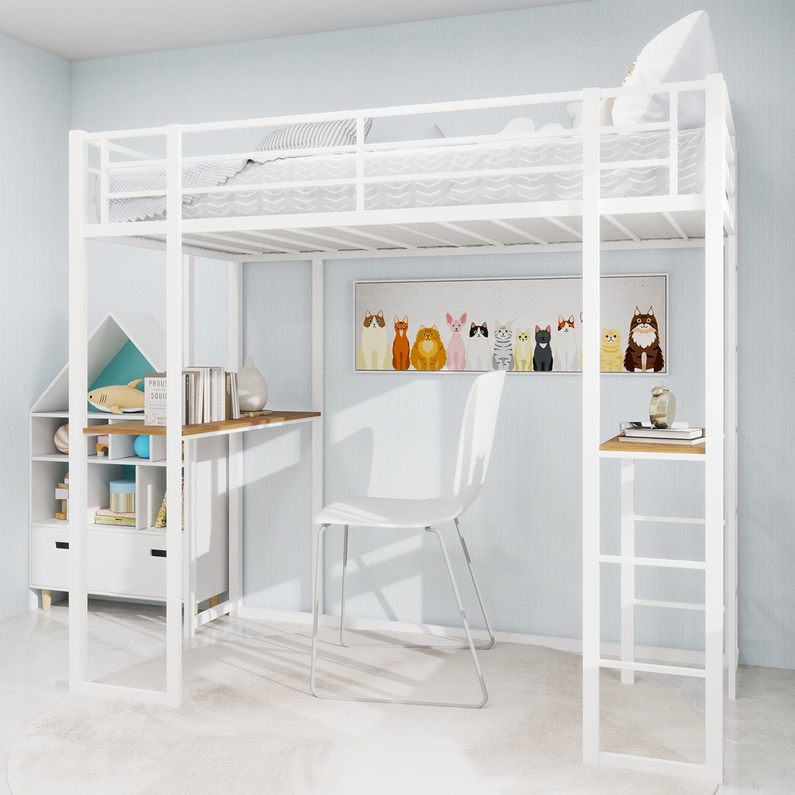 Children's Loft Bed L-Shaped Desk Railing Versatile Stairs Iron Frame ...