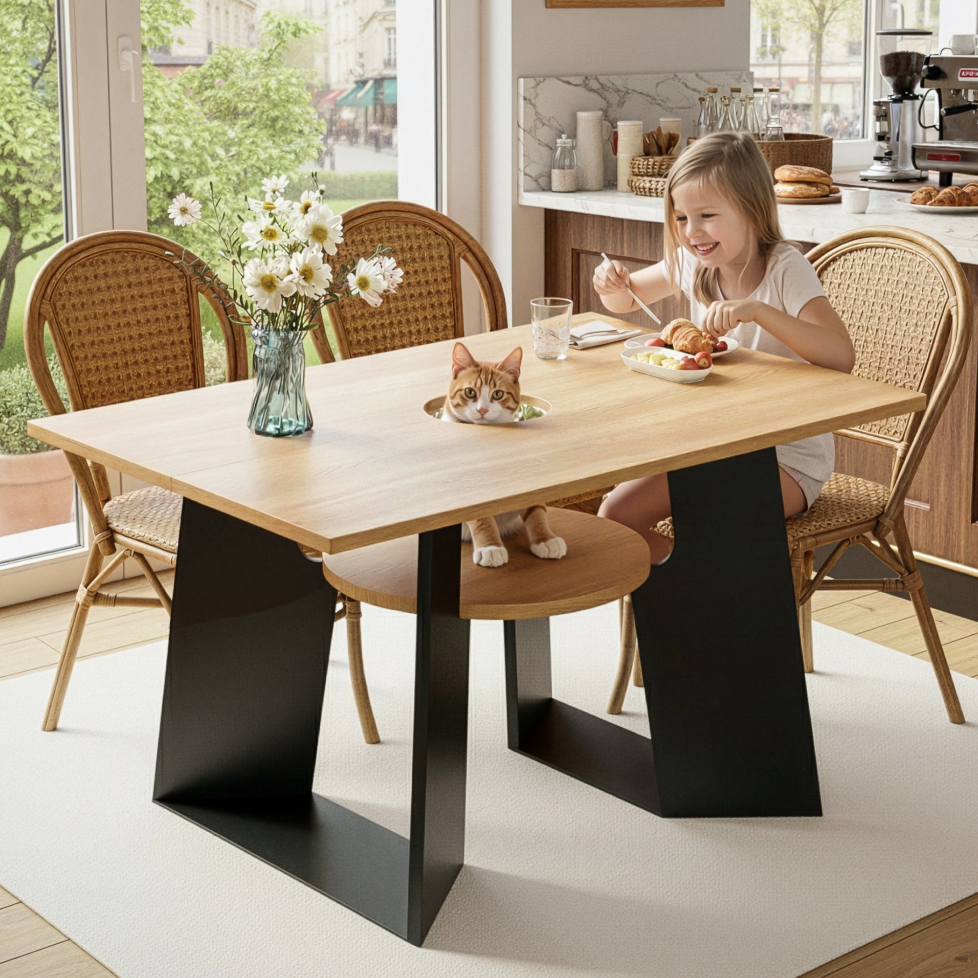 Pet-Friendly Dining Table 6 Seater Pet Area Shelf - Natural Wood/Black Mix