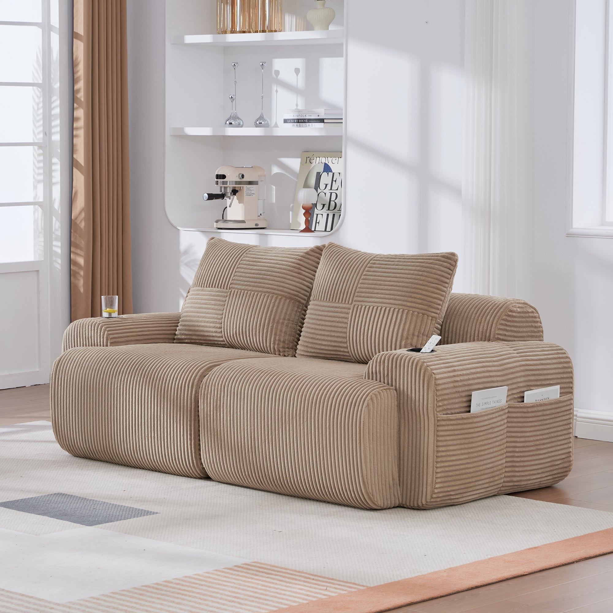 Modular 2-Seater Sofa with Cup Holder and Storage Pocket, Khaki Corduroy