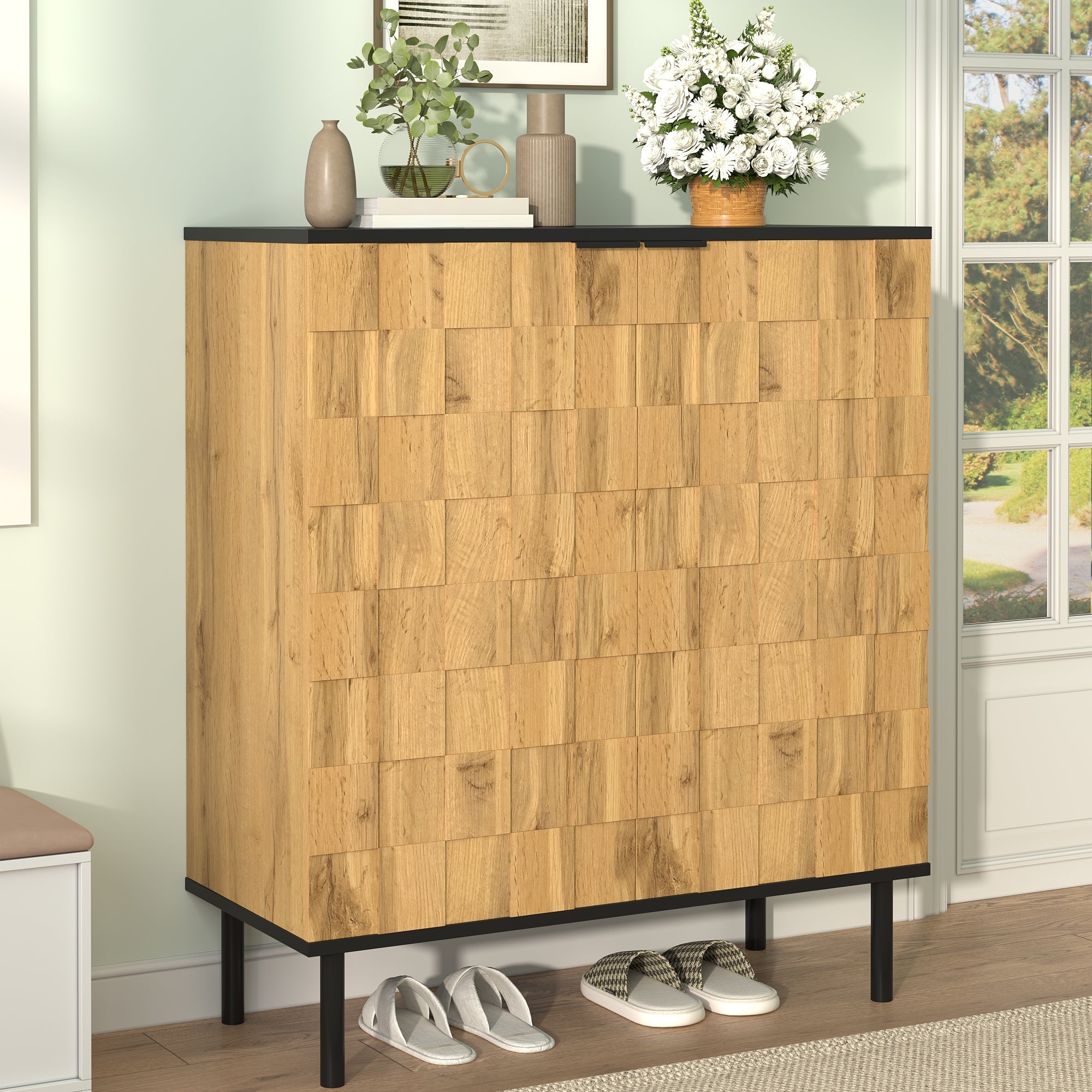 Mosaic Shoe Cabinet with 2 Doors and Adjustable Compartments, Wood Look Chipboard