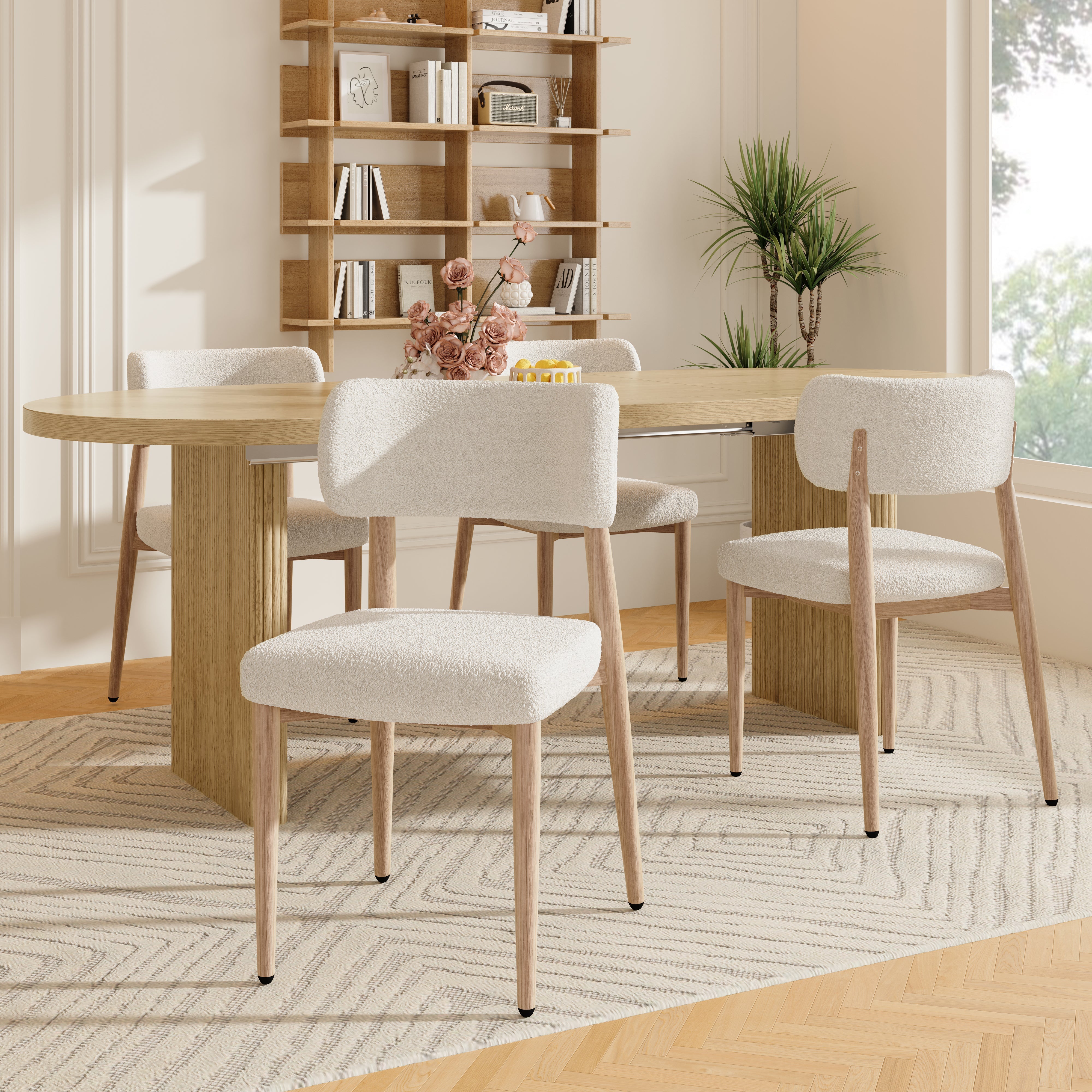 Set of 6 Dining Chairs with Wood-Look Metal Legs and Bouclé, Natural Color