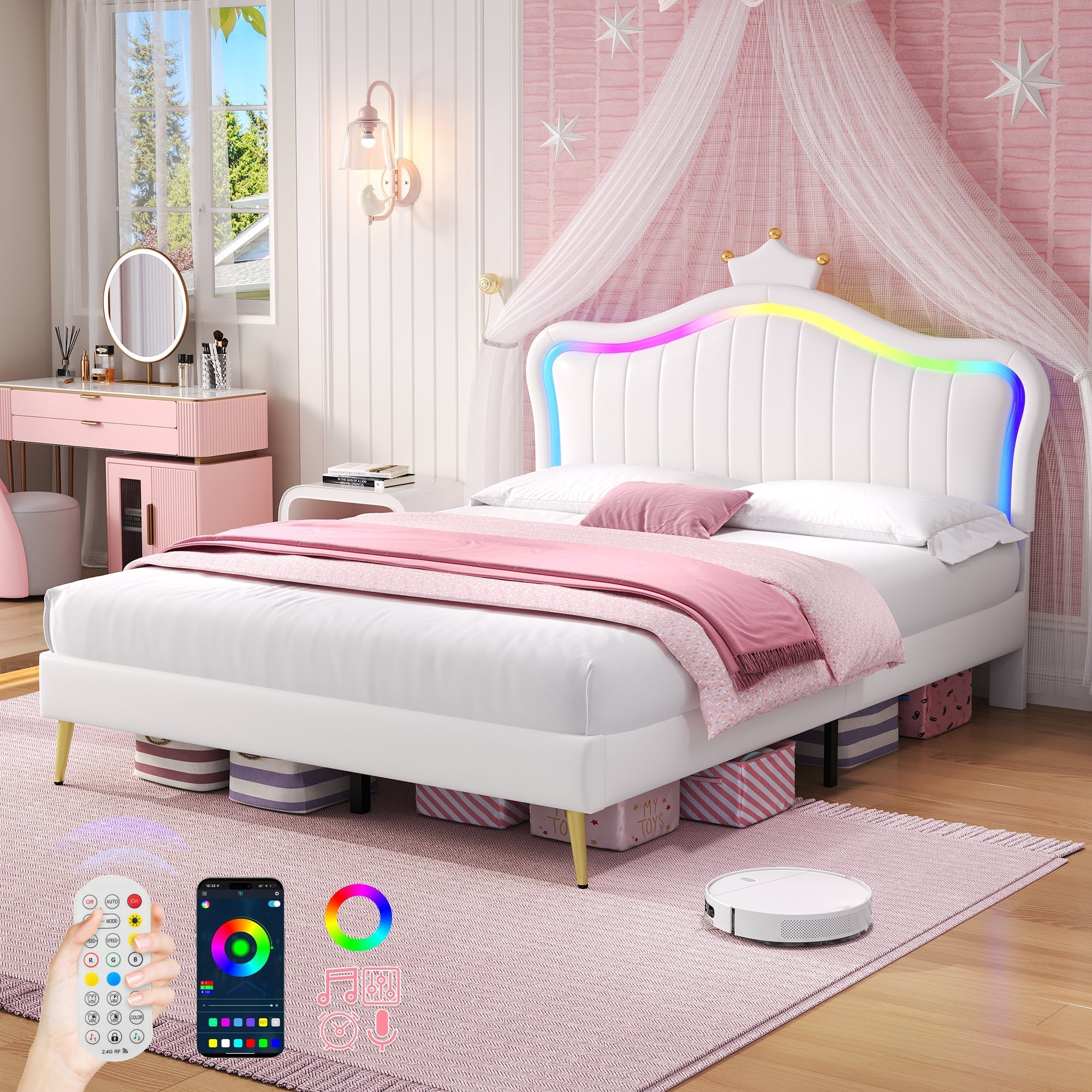 4ft6 Double Upholstered Bed with LED Adjustable Crown Shape Headboard, Cream White PU Leather