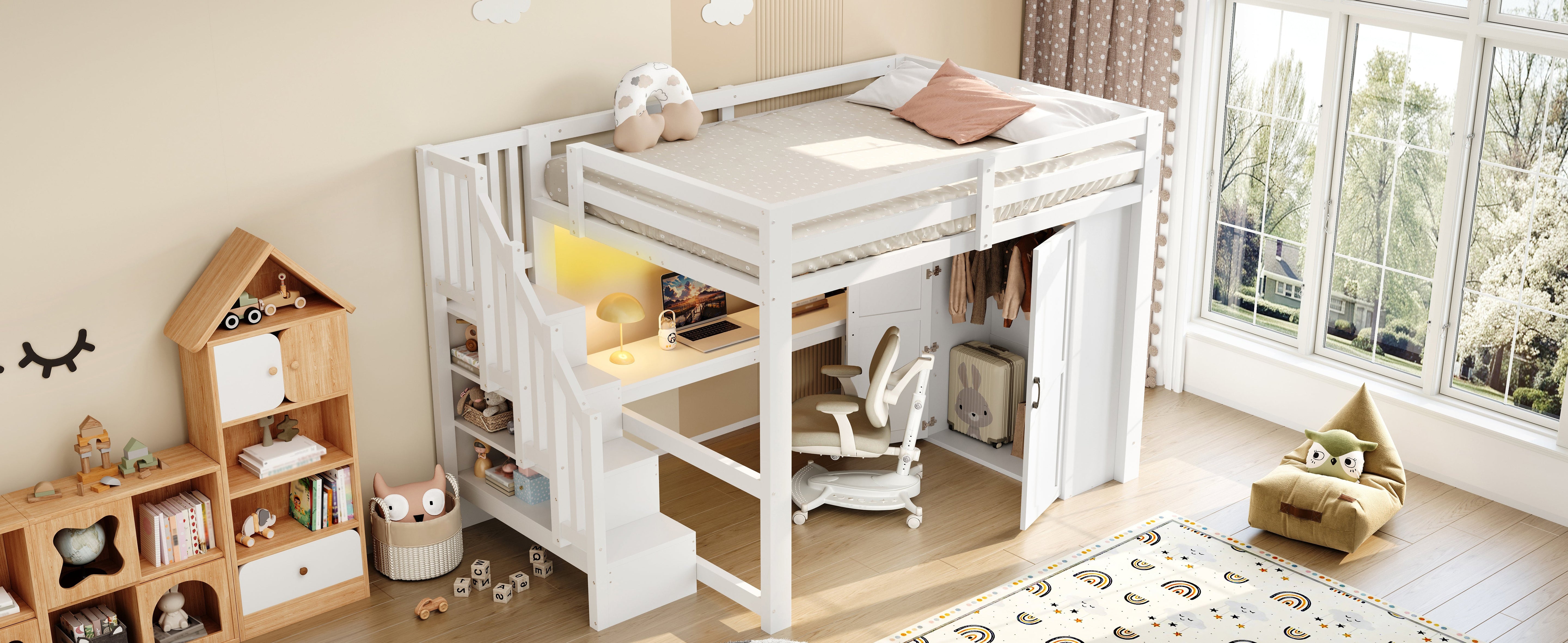 140x200 Loft Bed with Desk, Shelf, Wardrobe, Storage Stairs, USB and LED Lights, White