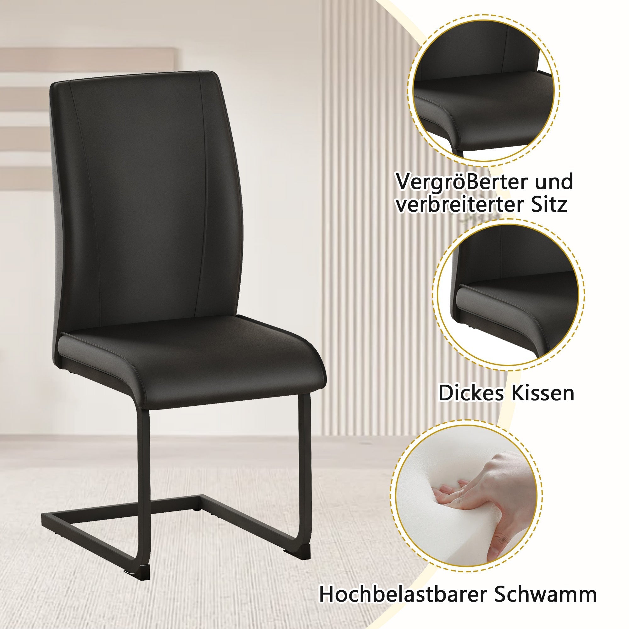 Table Set Rectangular 160x90cm Storage Shelf 4 Armchairs - Black Faux Leather