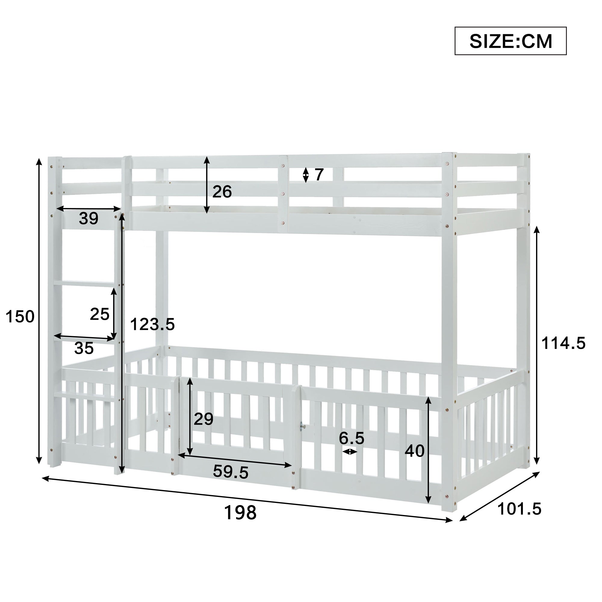 3FT Bunk Bed, Fences and Door with Fall Protection & Railings, Solid Wood, White