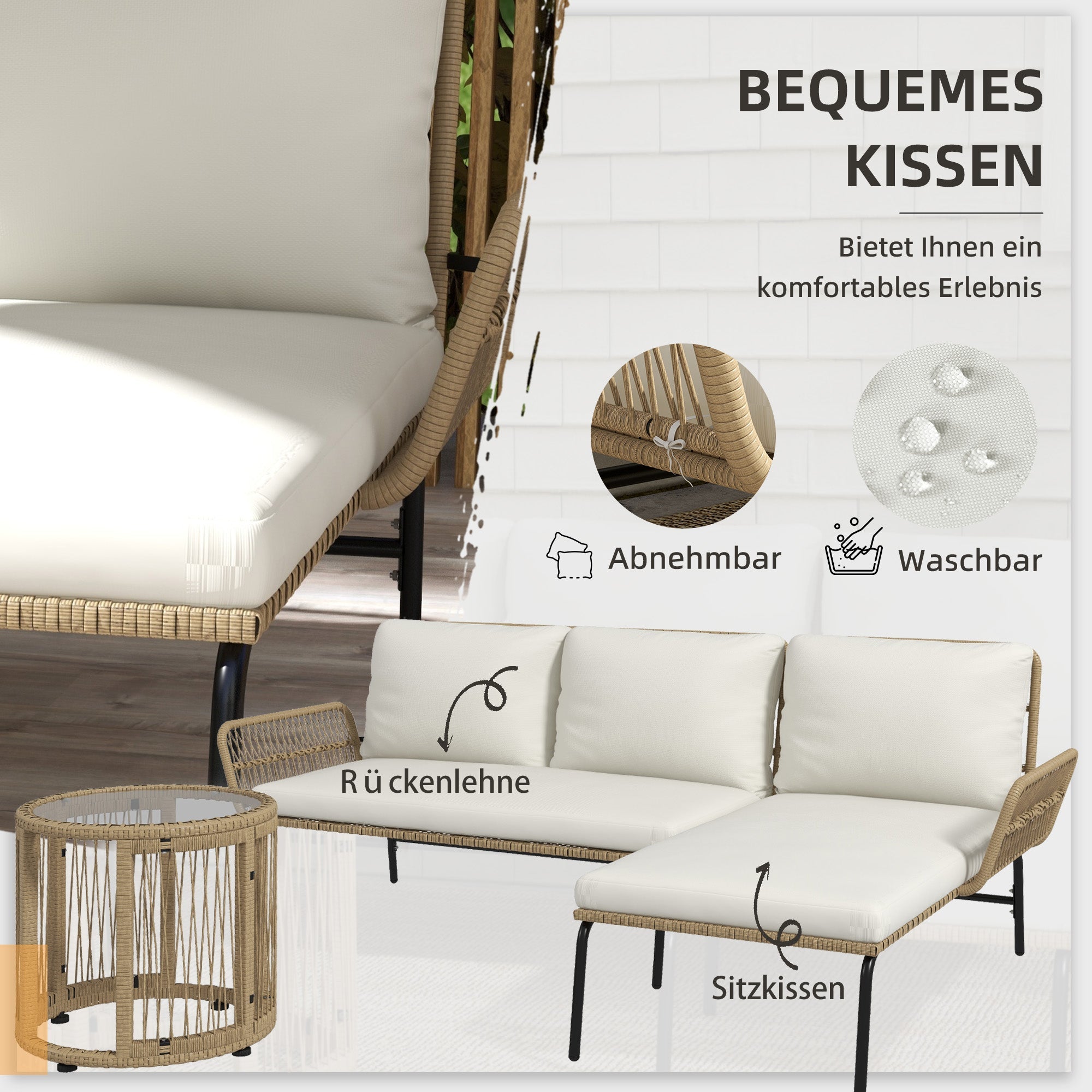 Rattan Garden Furniture Set with Sun Lounger, Coffee Table, Loveseat & Cushions, Cream