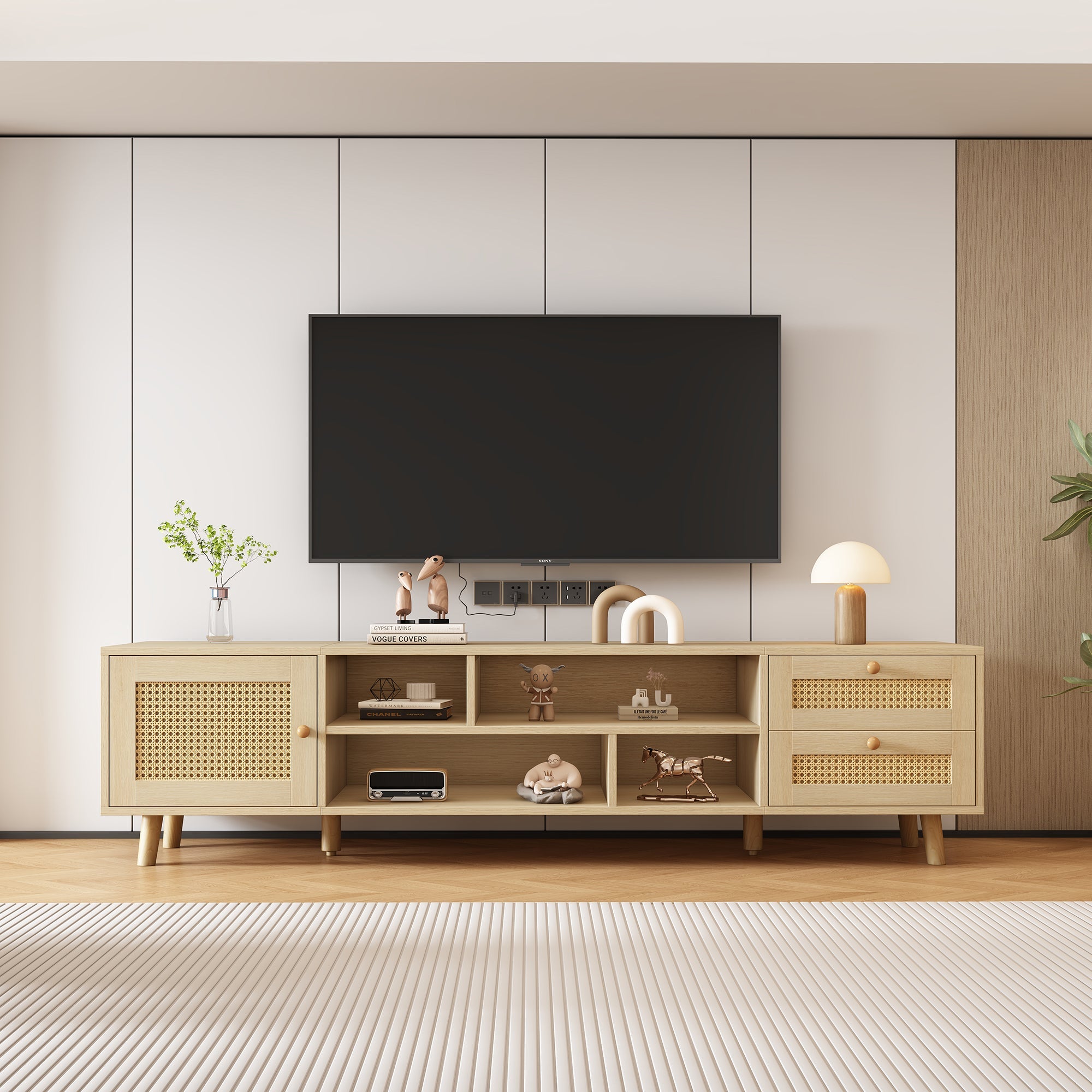 TV Cabinet 160cm for 70-inch TVs, Cable Management 2 Drawers 1 Door, Wood-Colored Rattan