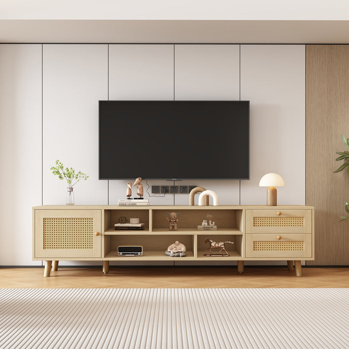 TV Cabinet 160cm for 70-inch TVs, Cable Management 2 Drawers 1 Door, Wood-Colored Rattan