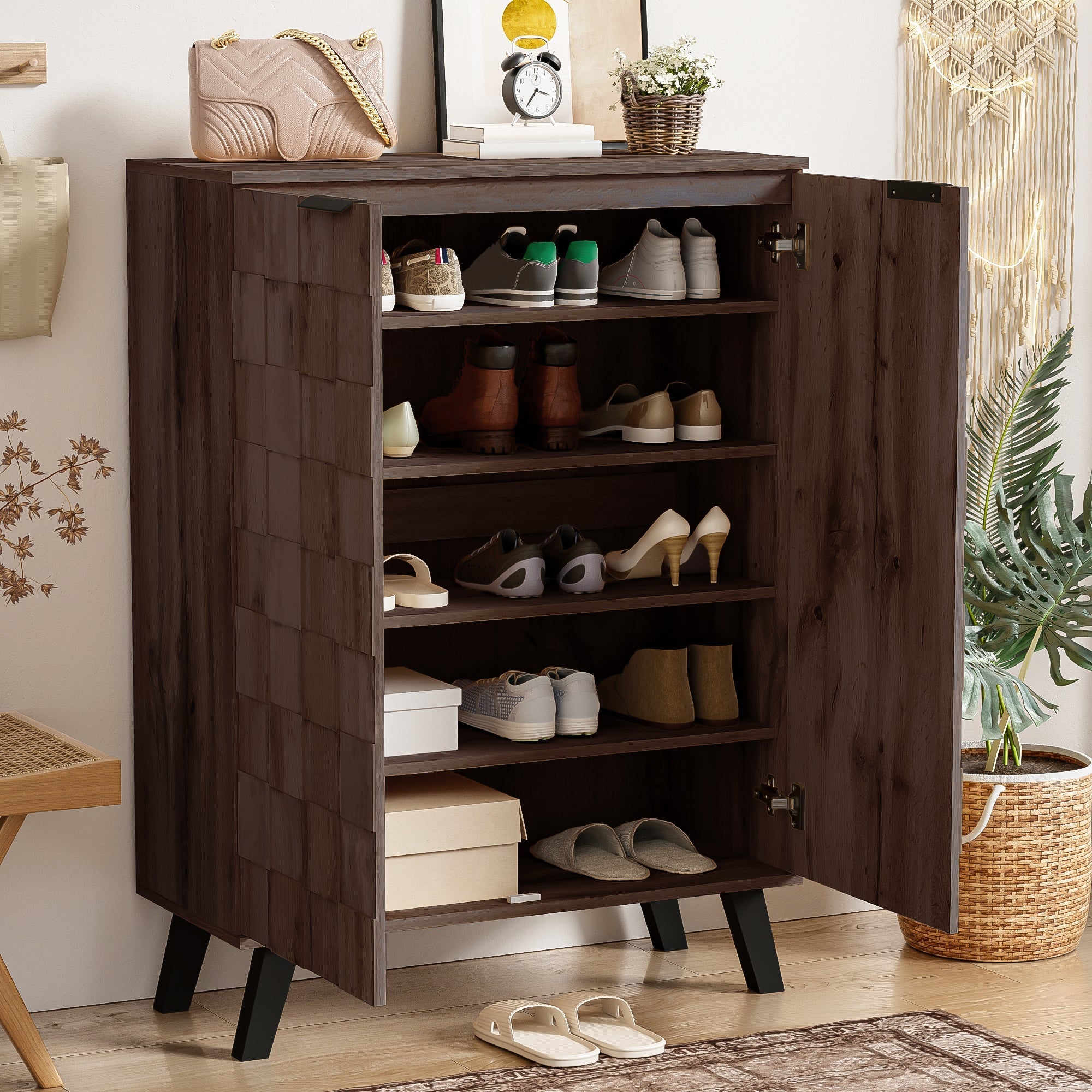 Shoe Cabinet 80x35.5x110cm 5 Compartments Adjustable Shelves - Dark Wood Grain