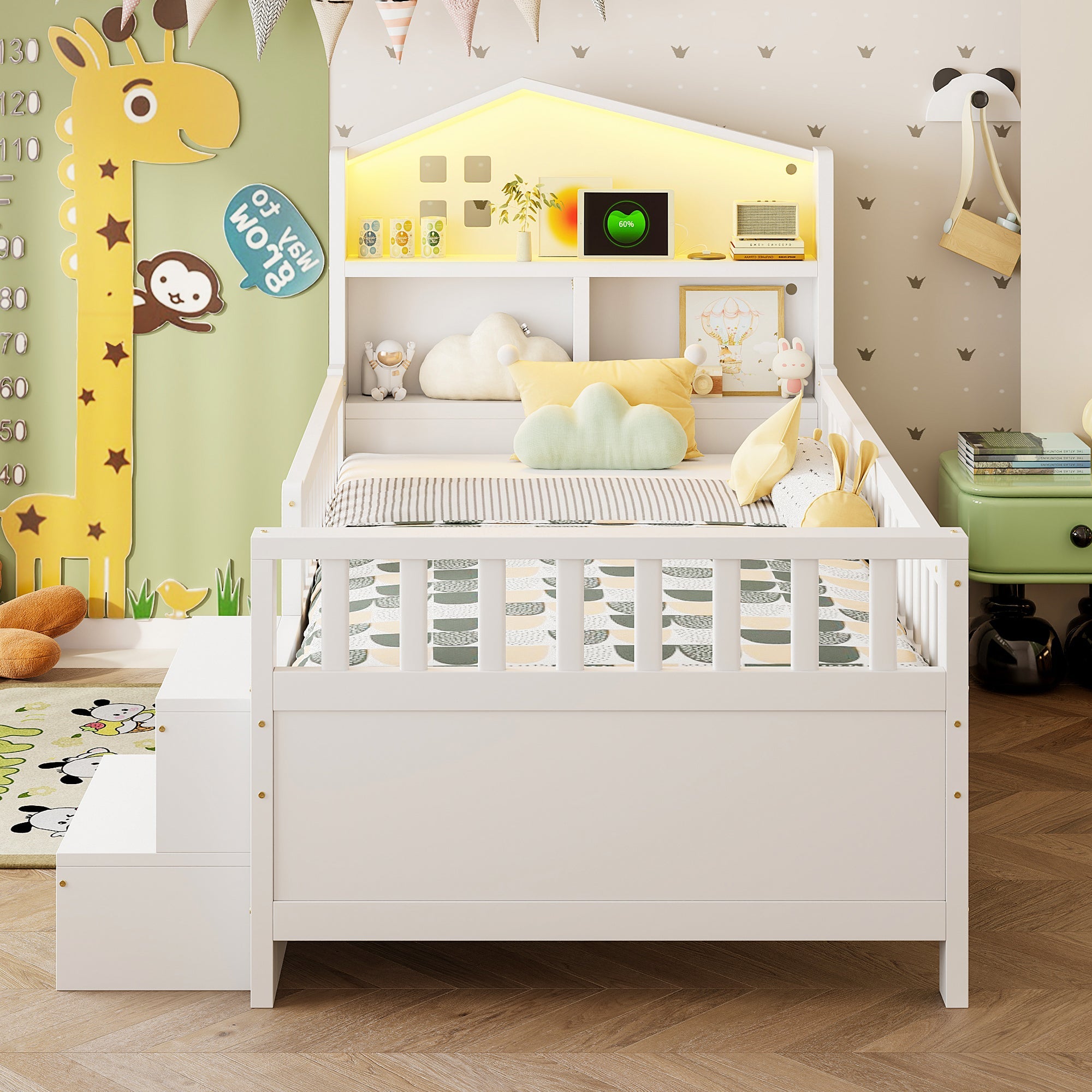 Children's Single Bed with 4 Storage Drawers, LED Lights, USB and Type-C Charging Ports, 90x200cm, White Solid Wood
