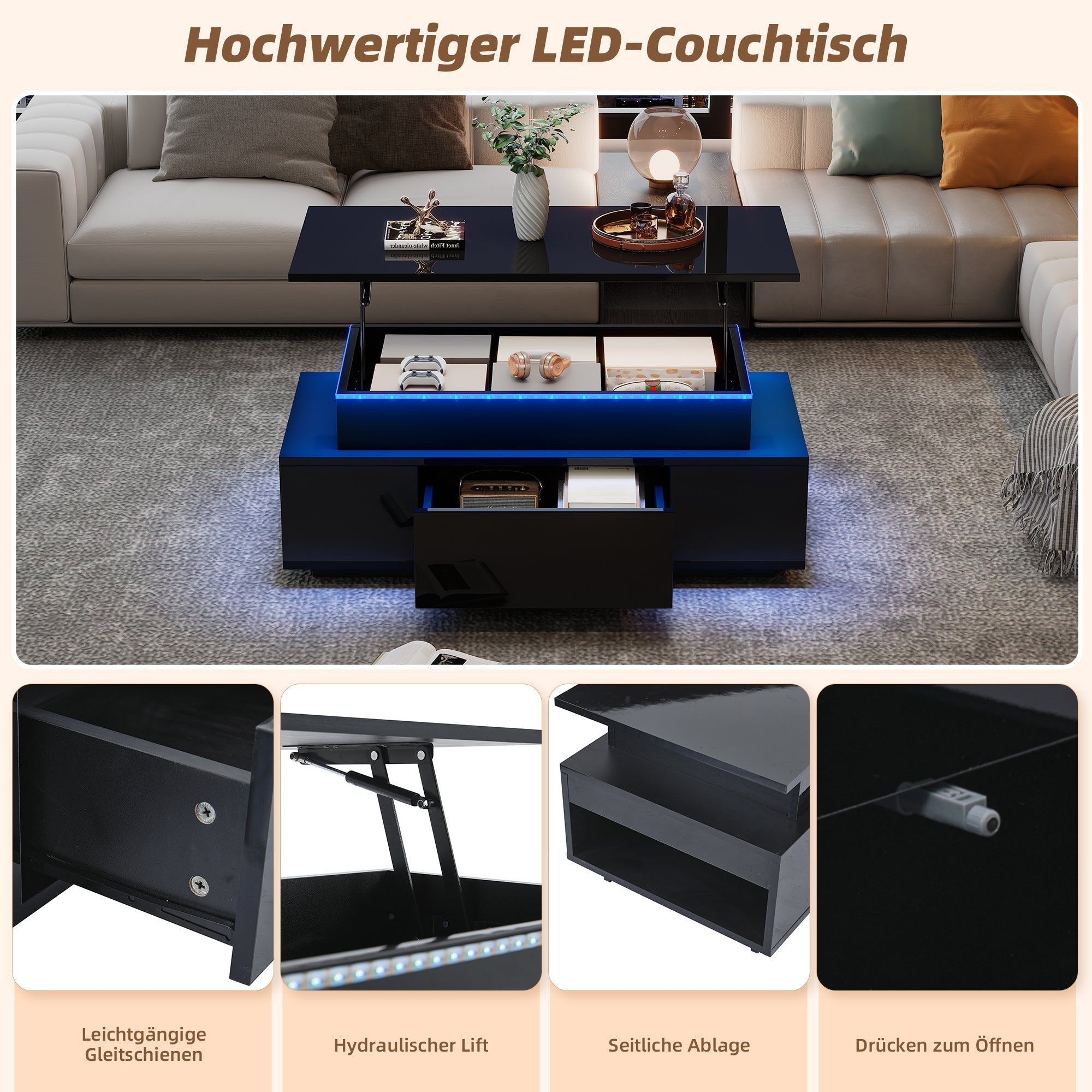 Coffee Table Height-Adjustable Hidden Storage Drawer LED High-Gloss Black