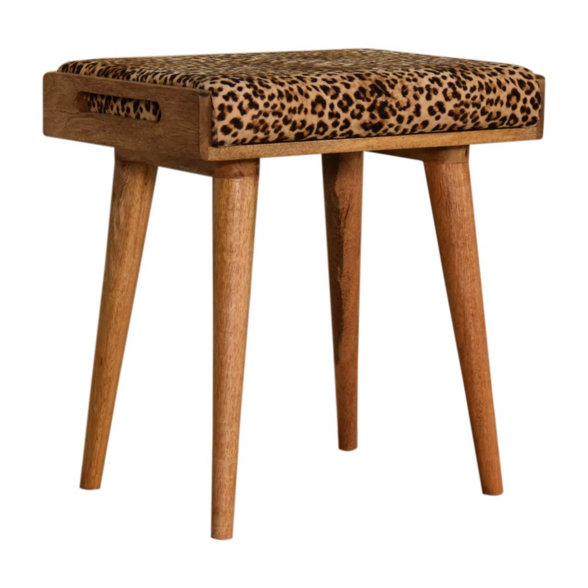 Solid Wood Footstool, Tray Style Upholstered Leopard Velvet, Light Brown