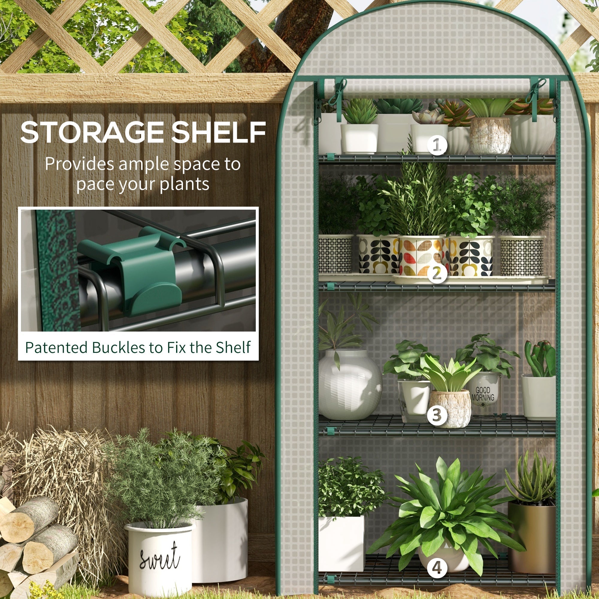 4 Tier Mini Greenhouse, Portable with Storage Shelf and Roll-Up Zipped Door, White