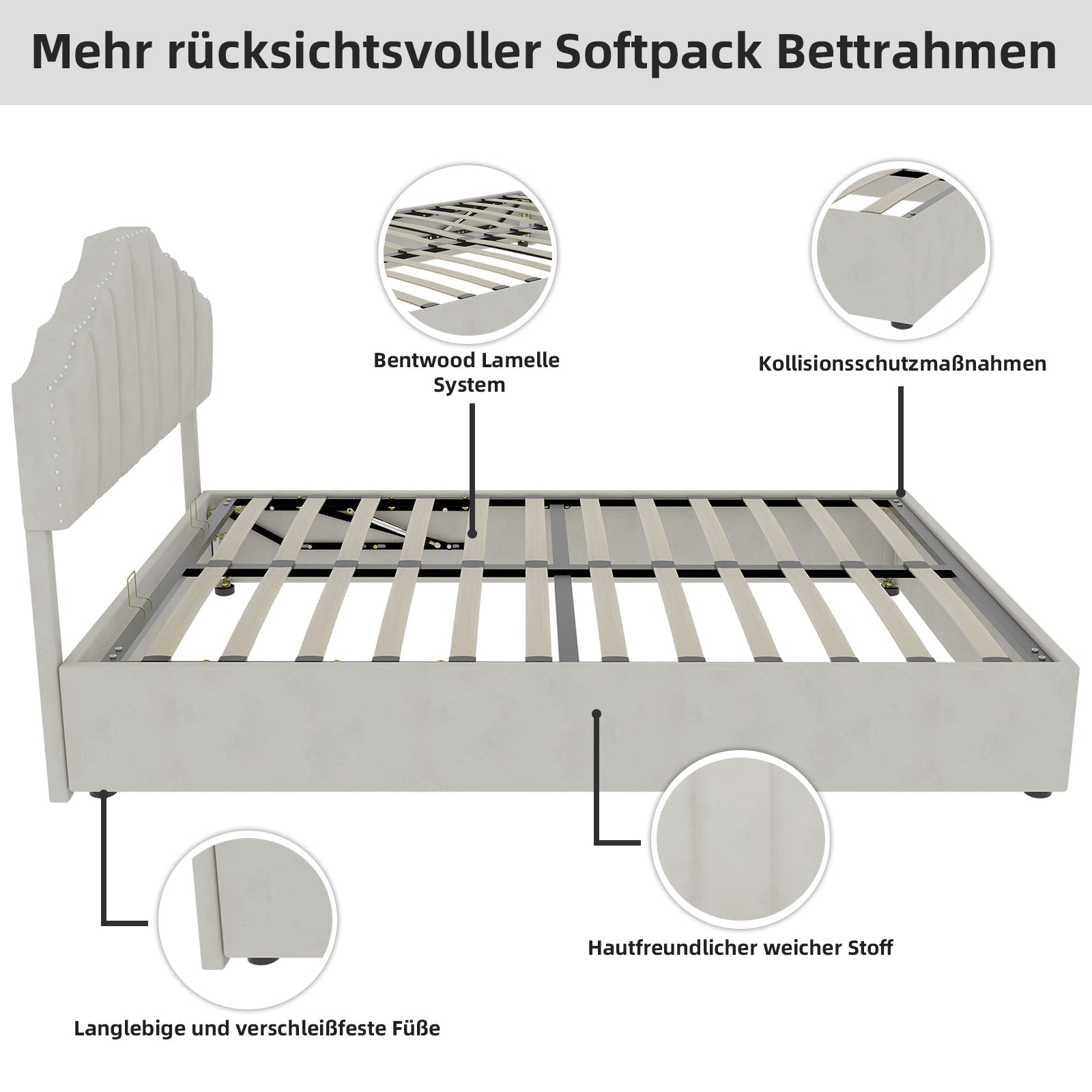 Modern Minimalist Soft Bed, Headboard with Hydraulic Rod, 140x200cm, Beige