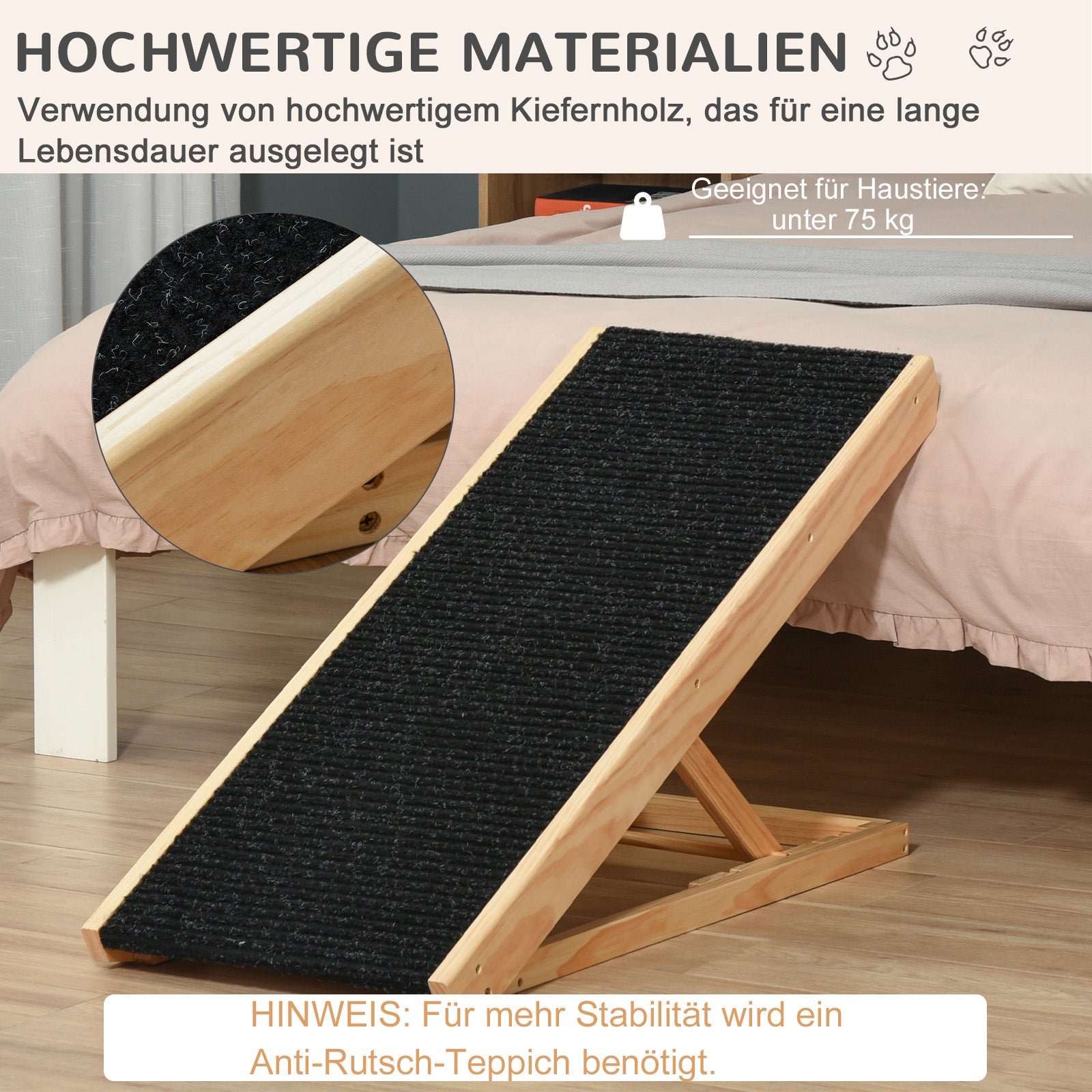 Pet Ramp, Adjustable Non-Slip, Pinewood and Polyester