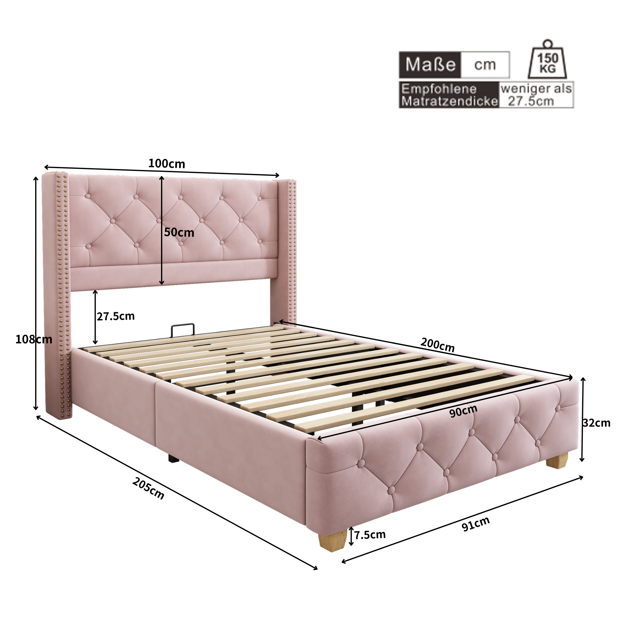 Upholstered Bed 90x200cm with Slatted Frame and Studded Buttoned Headboard, Pink Velvet