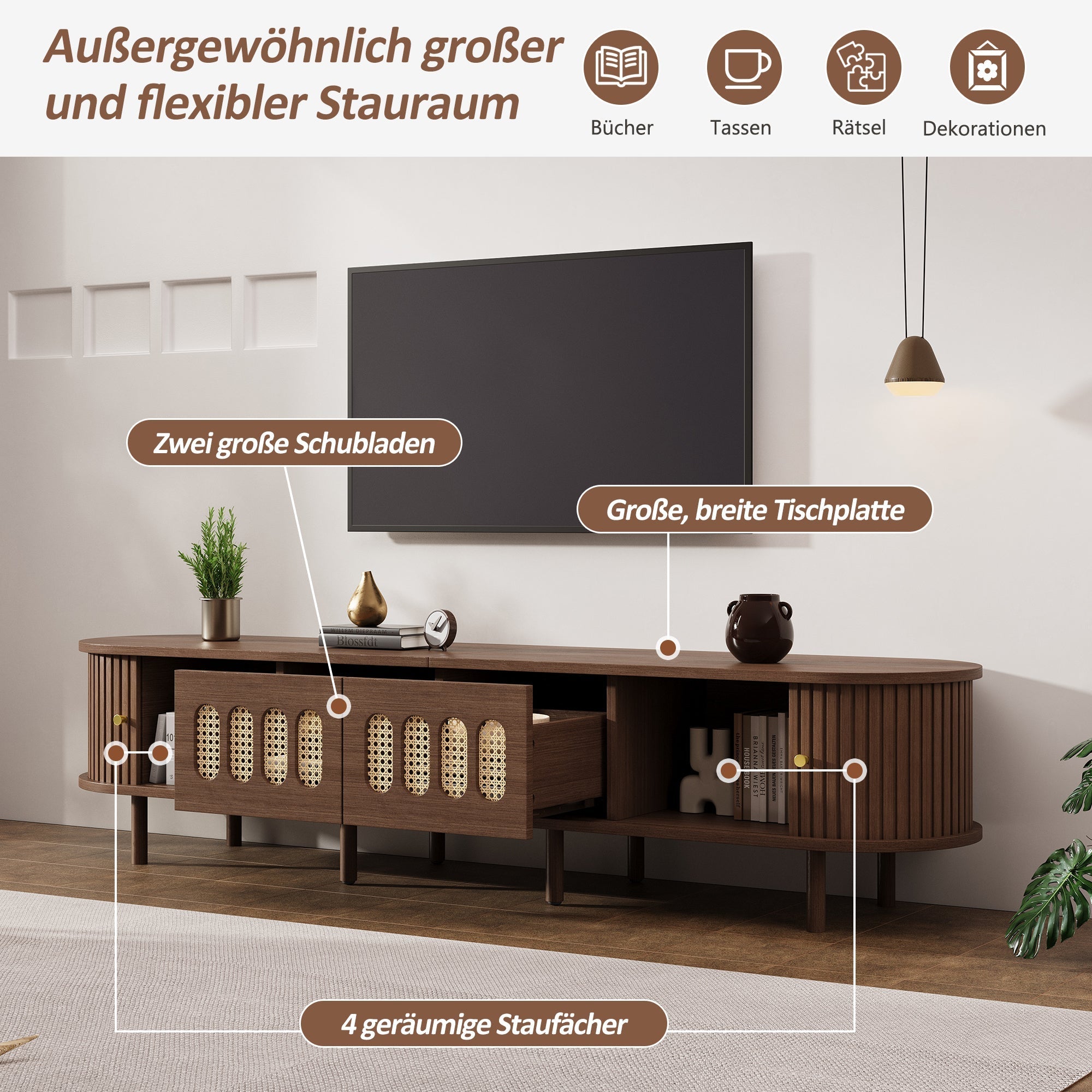 Oval TV Stand Rattan Design 180cm 2 Drawers - Dark Walnut