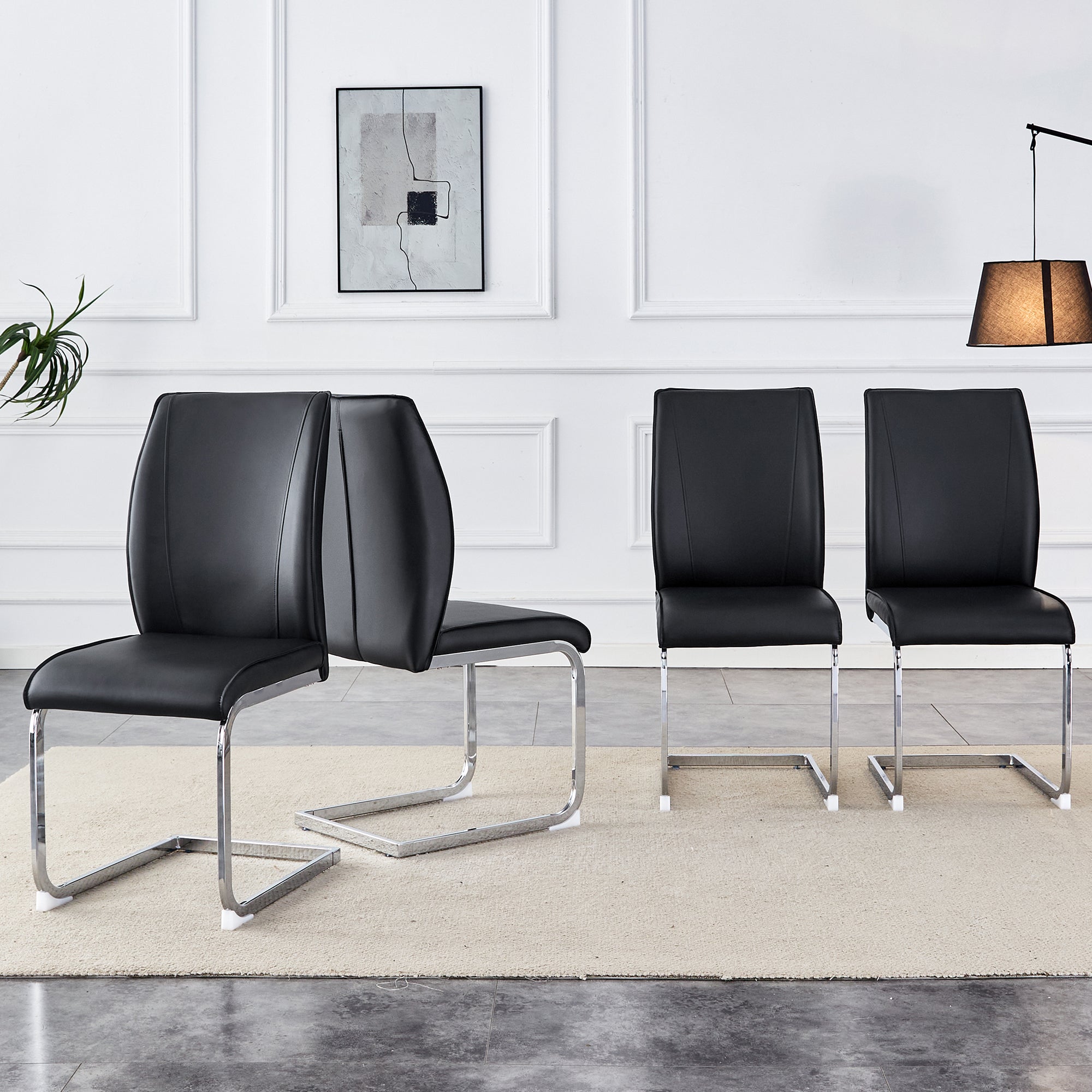 Stühle (4er-Set), bequem mit silberfarbenen Metallbeinen, schwarzes PU