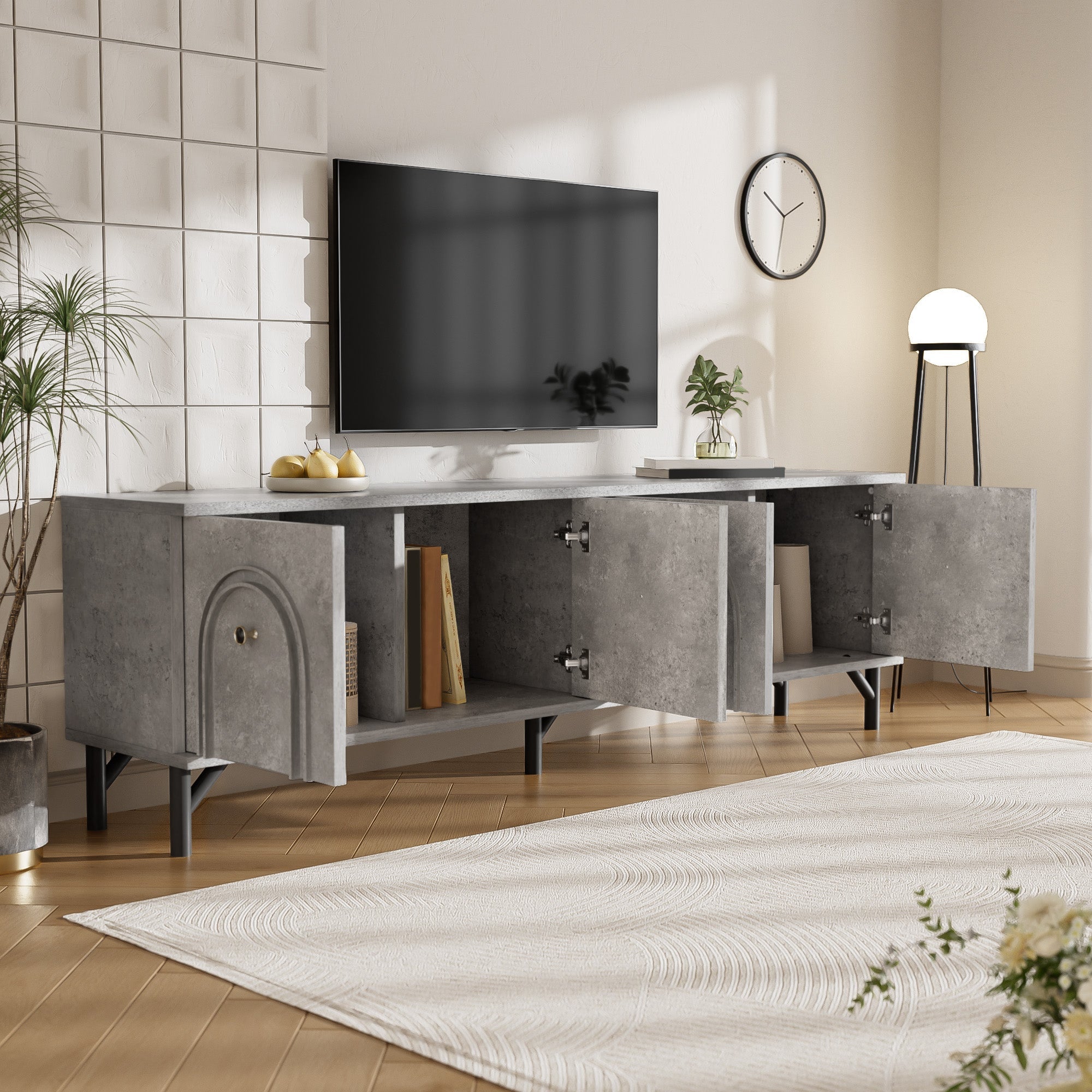 TV Stand, 4-Door 160 cm, Stylish Design, Soft-Close Hinges, Grey