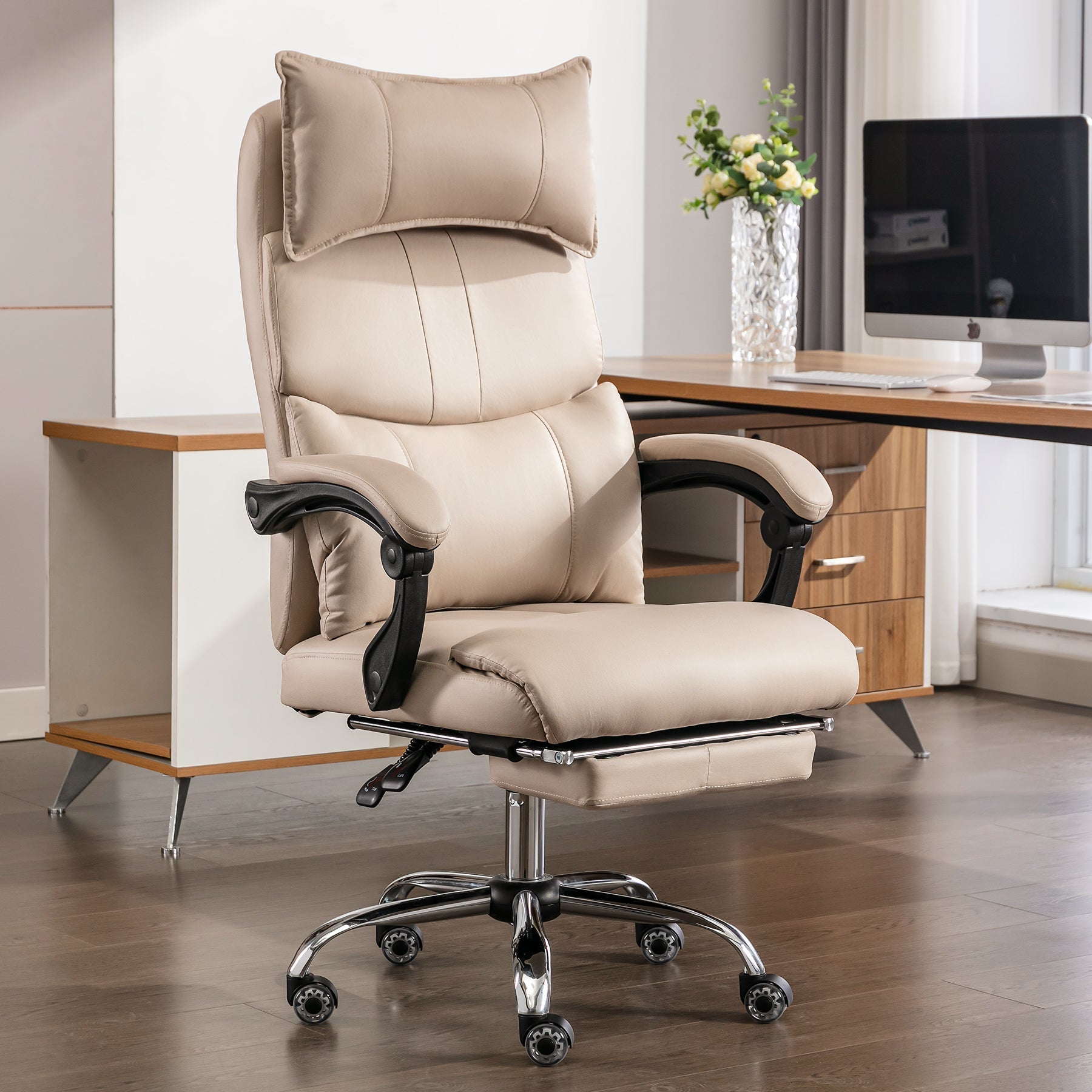 Ergonomic Executive Office Chair - Height Adjustable Swivel Double Lumbar Support - Beige PU Leather