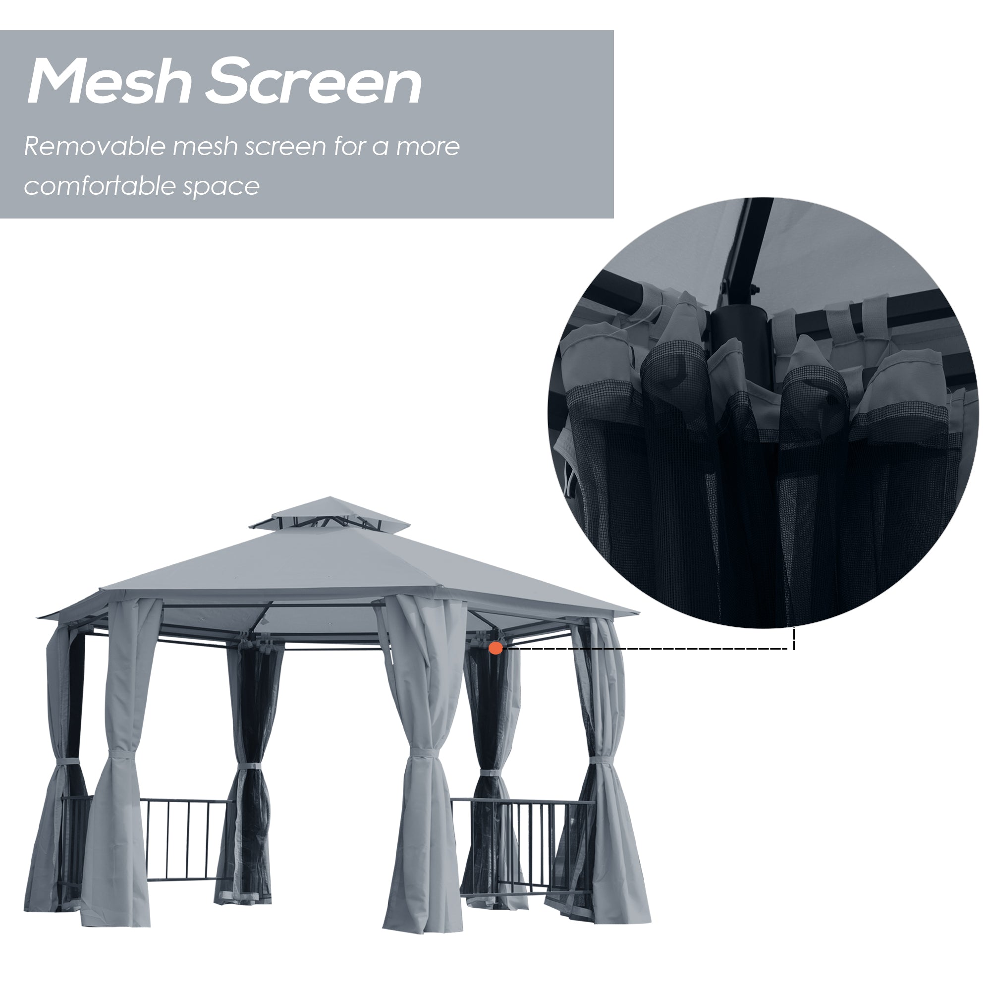 Hexagon Gazebo Patio Tent 3x3m w/ 2 Tier Roof & Side Panel - Grey