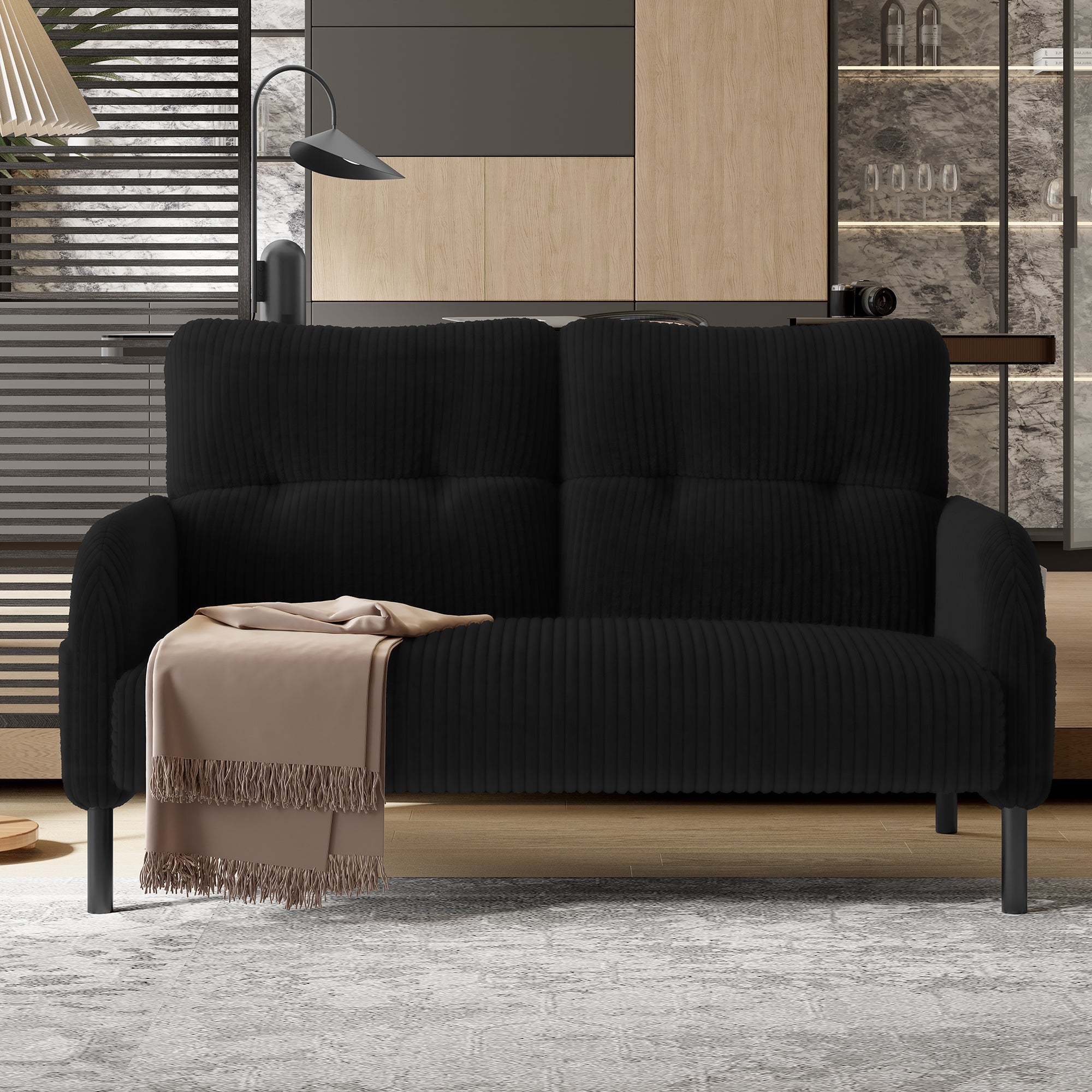 Two-Seater Sofa, Comfort Padding High Backrest Side Pockets Metal Feet, Corduroy