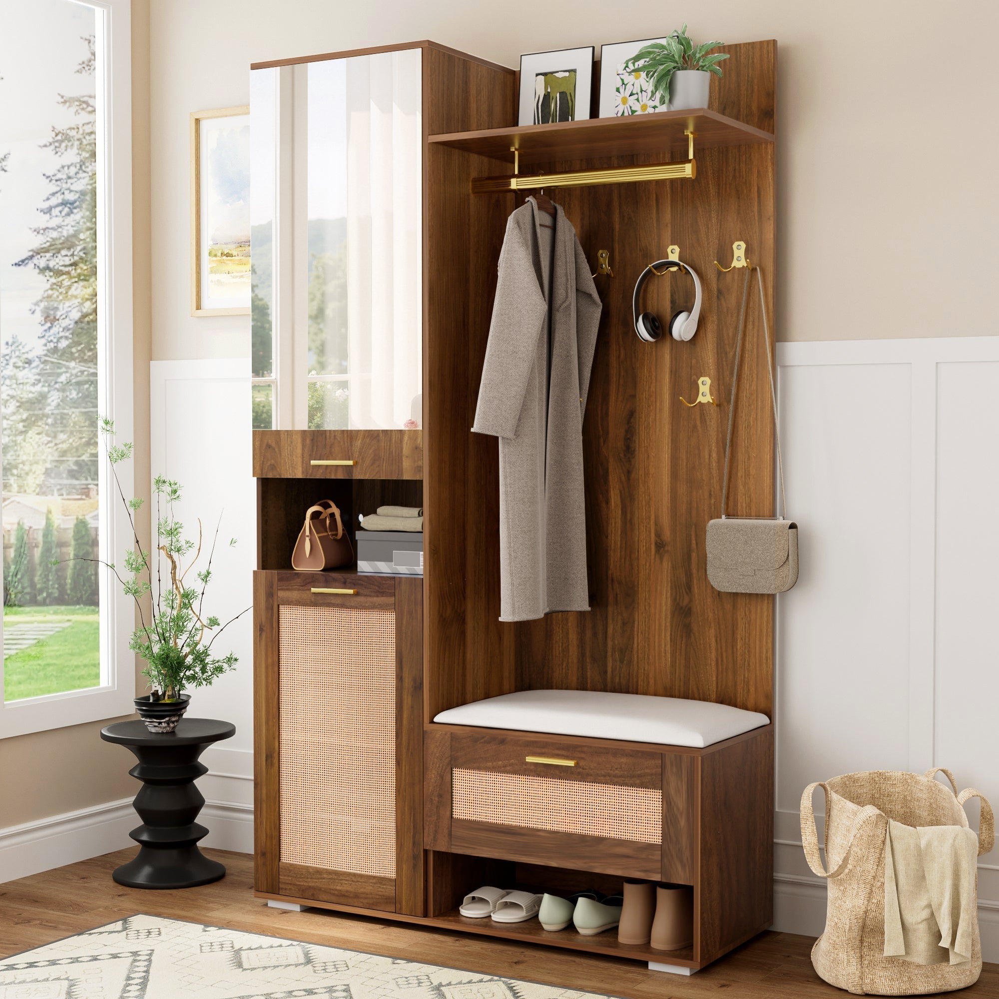 Wardrobe Set Mirror Shoe Cabinet Bench 6 Hooks - 16-Color LED Lighting
