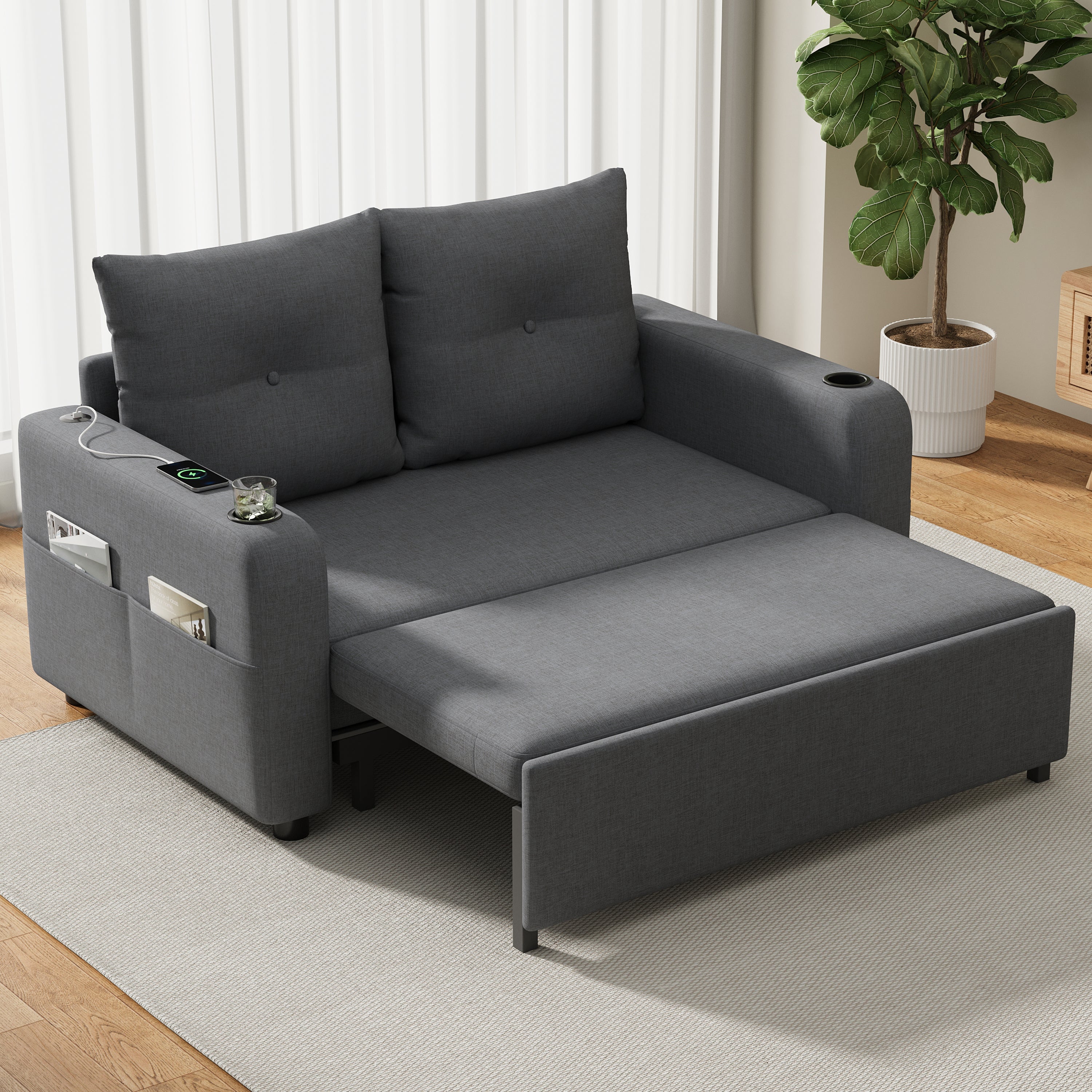3-in-1 Sleeper Sofa with Pull-Out Bed, Cup Holder, USB Port and Side Pockets, Grey