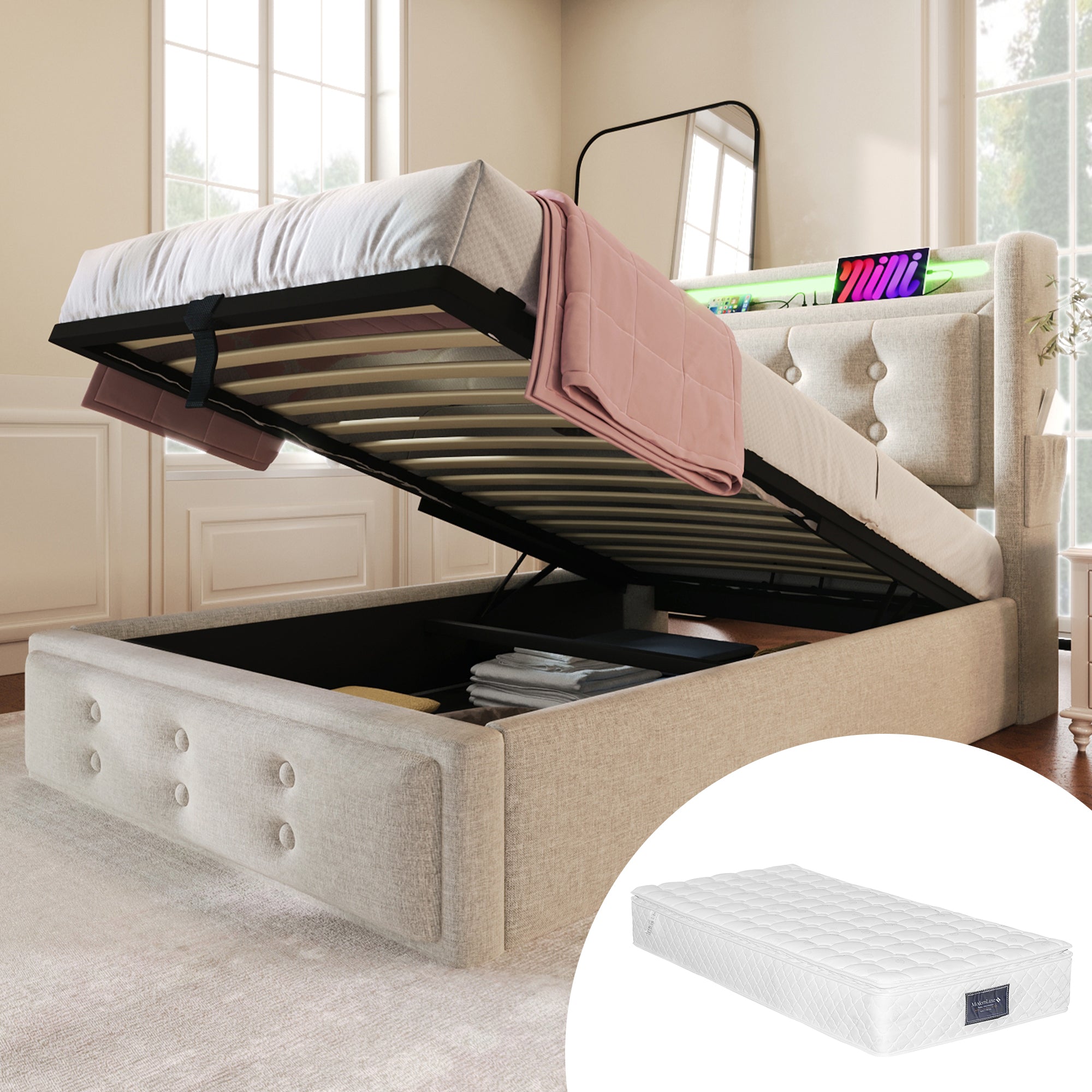 Upholstered Bed 90x200 Single LED Headboard USB-C Hydraulic Storage, Beige Cotton