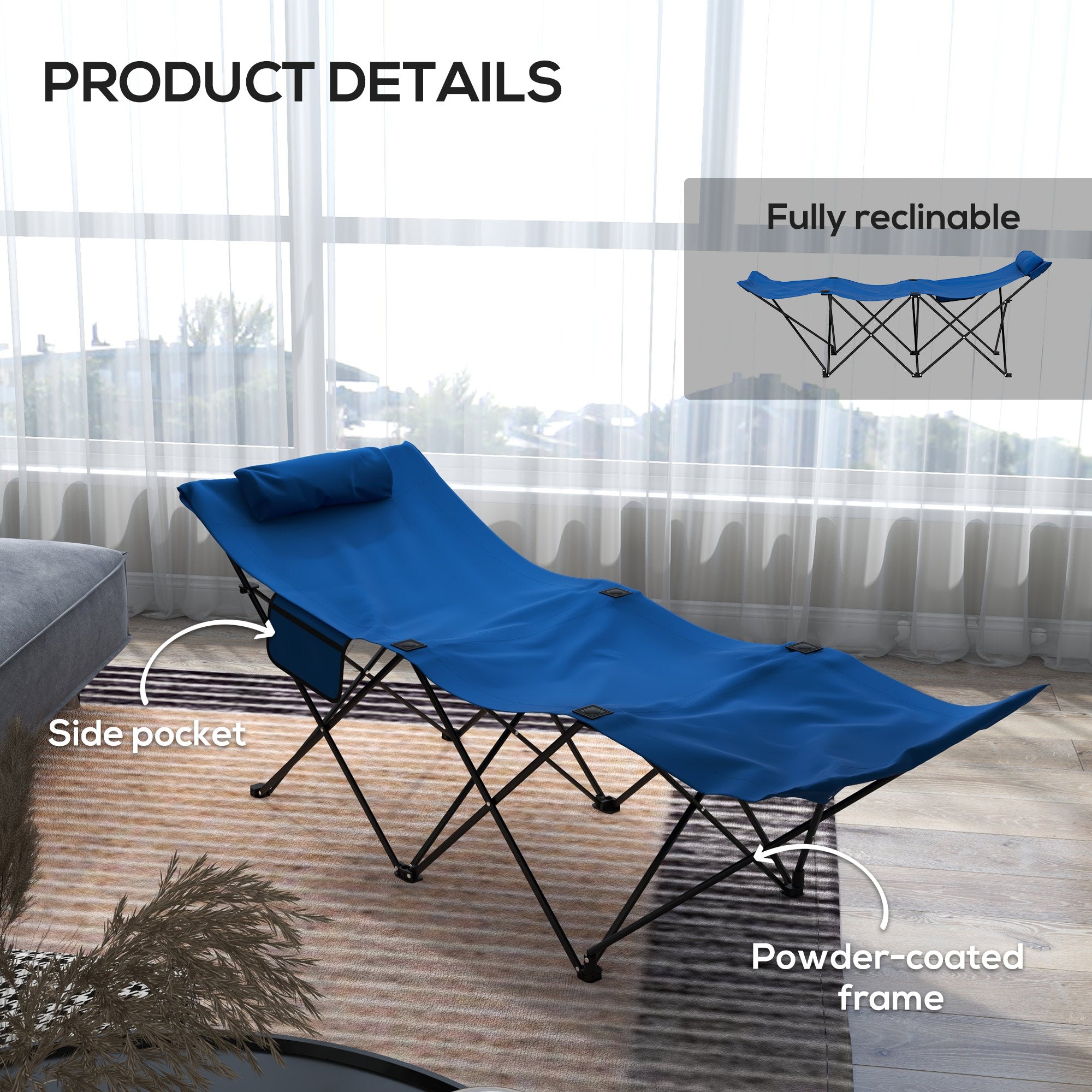 Camping Bed Single Folding Cot w/ Side Pocket, Headrest, Oxford Seat Dark Blue