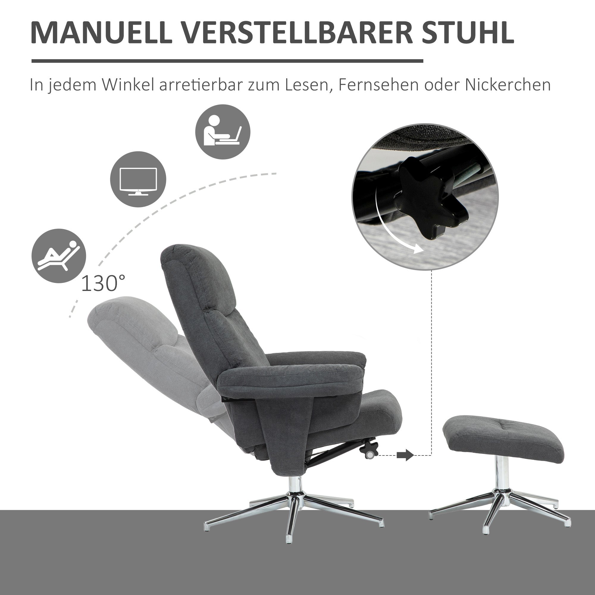 Reclining Armchair with Footstool, Upholstered Velvet Lounge Chair, Dark Grey