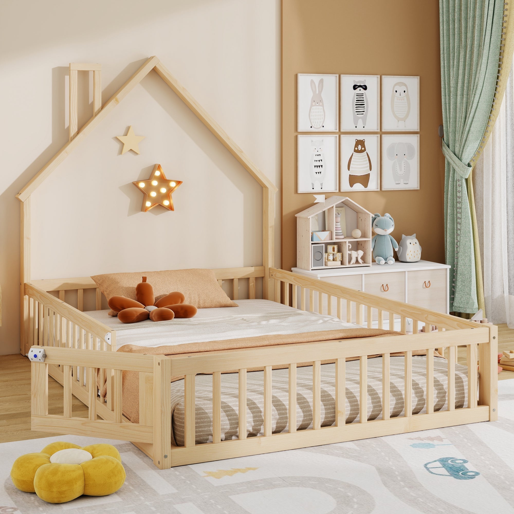 House Bed with Chimney Shape and Slatted Base, 140x190cm, Natural Pine Wood