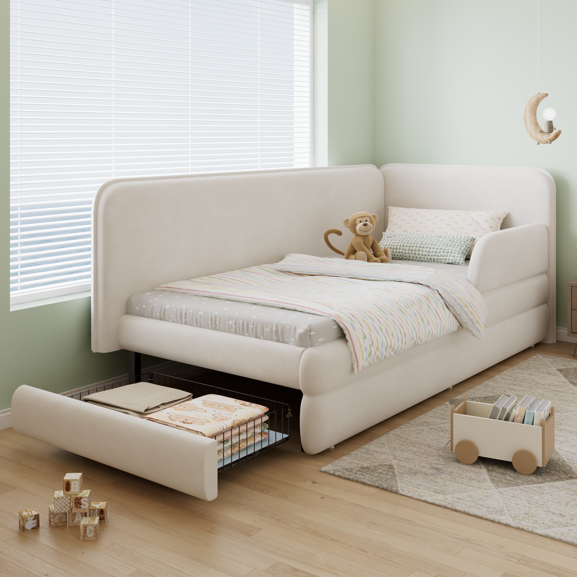 Upholstered Bed 3ft Single 90x190cm Drawer Footboard Side Rails Velvet Beige