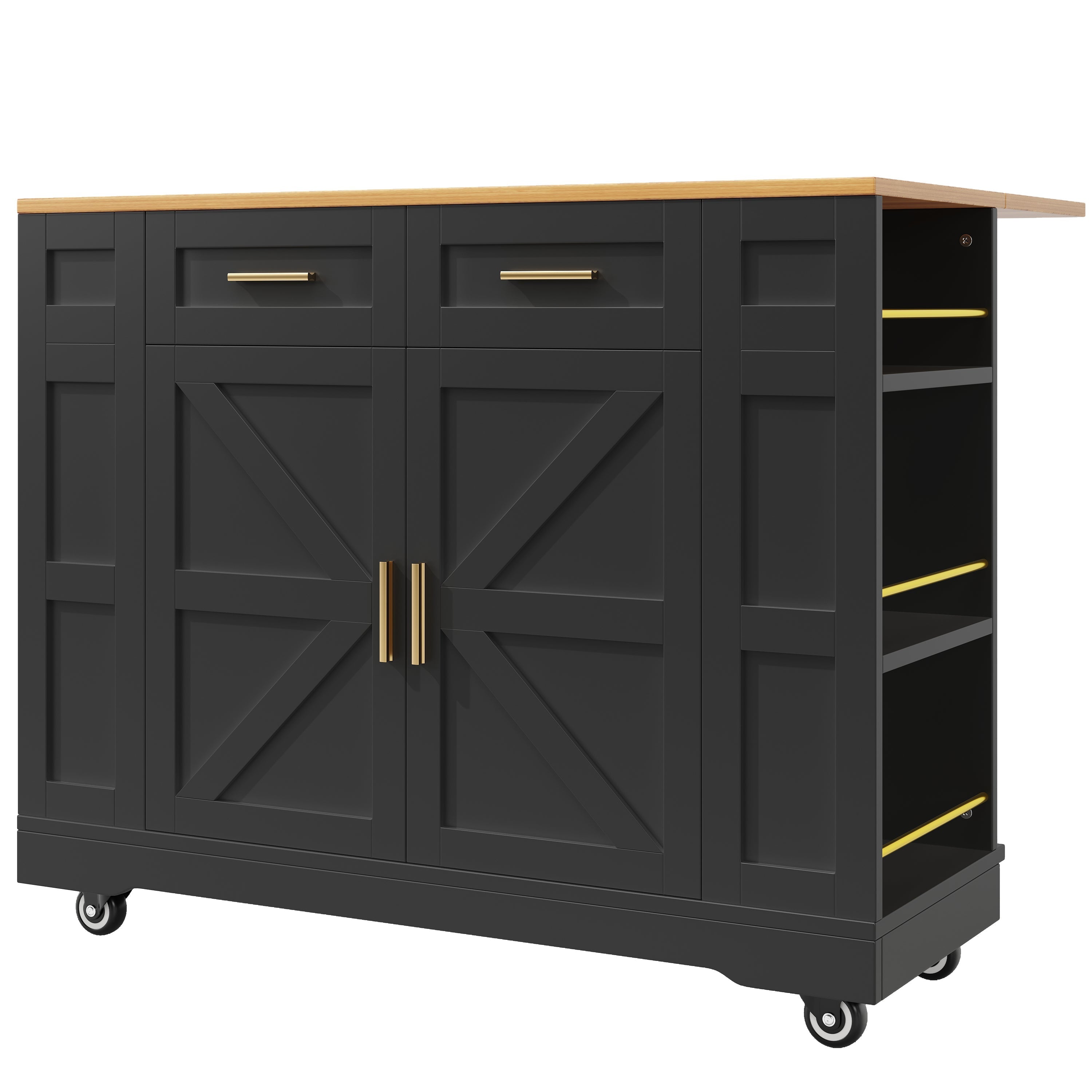 Modern Kitchen Island with Storage and Extendable Tabletop, Black Wood Grain Finish