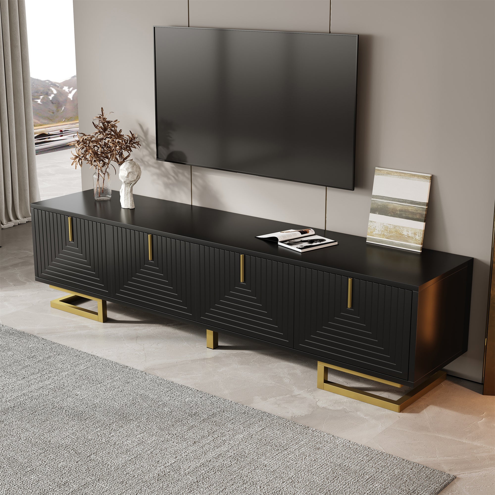 TV Cabinet Lowboard with Textured Doors, Gold Handles and Legs