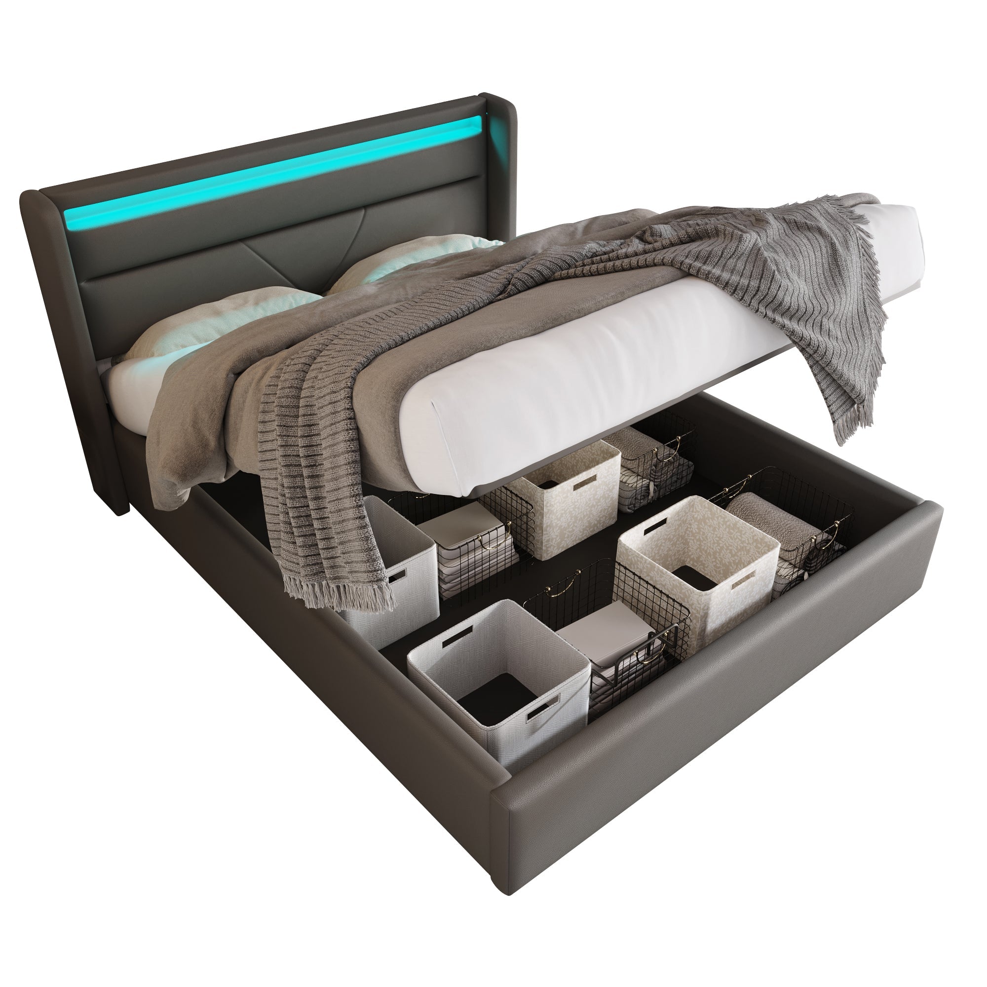 Hydraulic Storage Bed with LED Strip, Double Upholstered 160x200cm, Gray