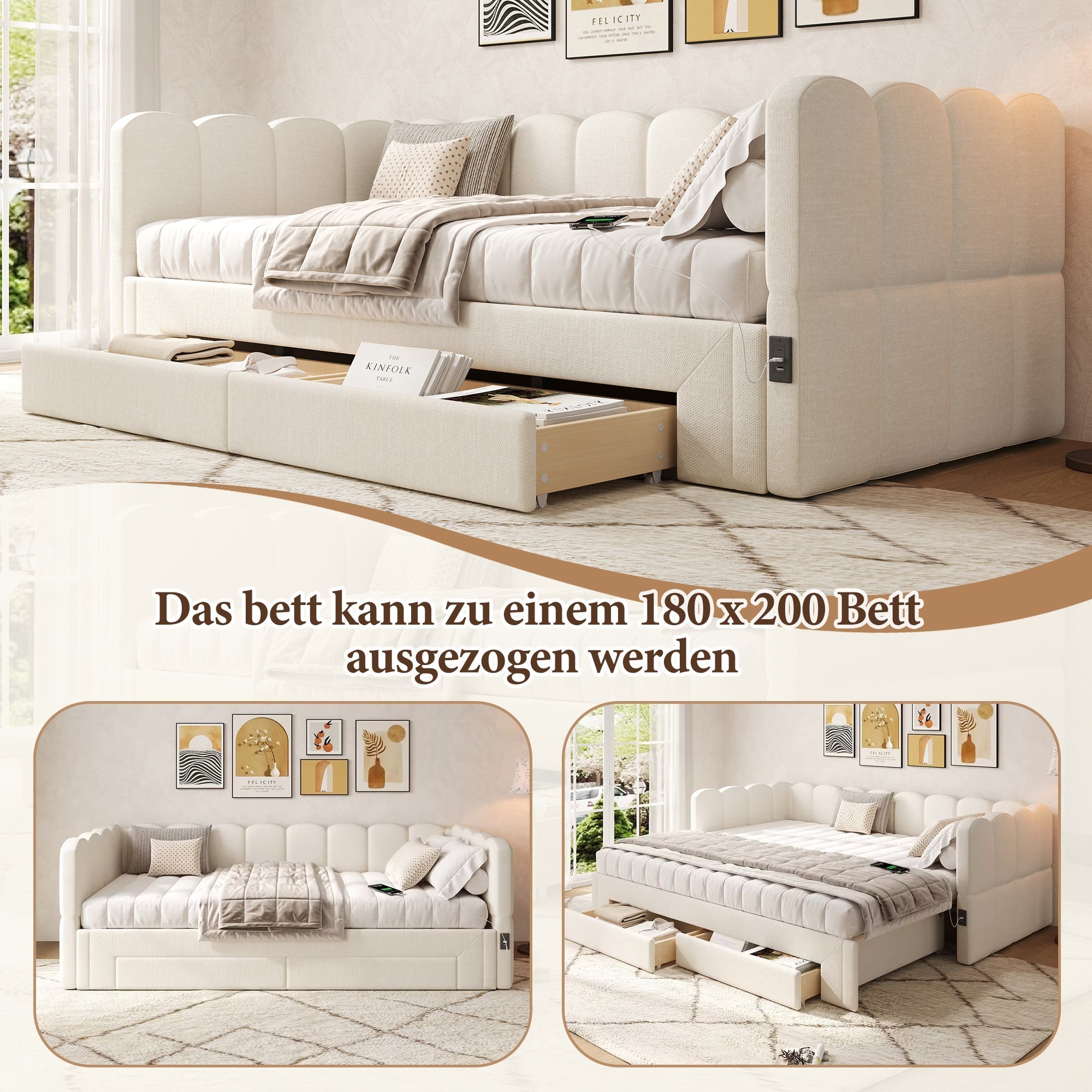 Upholstered Daybed Sofa Bed Extendable 90x200cm Storage Drawers USB Port Beige Linen