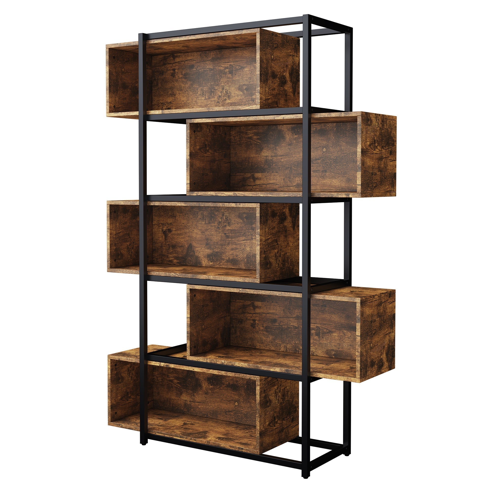 Bookshelf, 5 Tier with Shelves, Brown Wood Grain & Black Steel