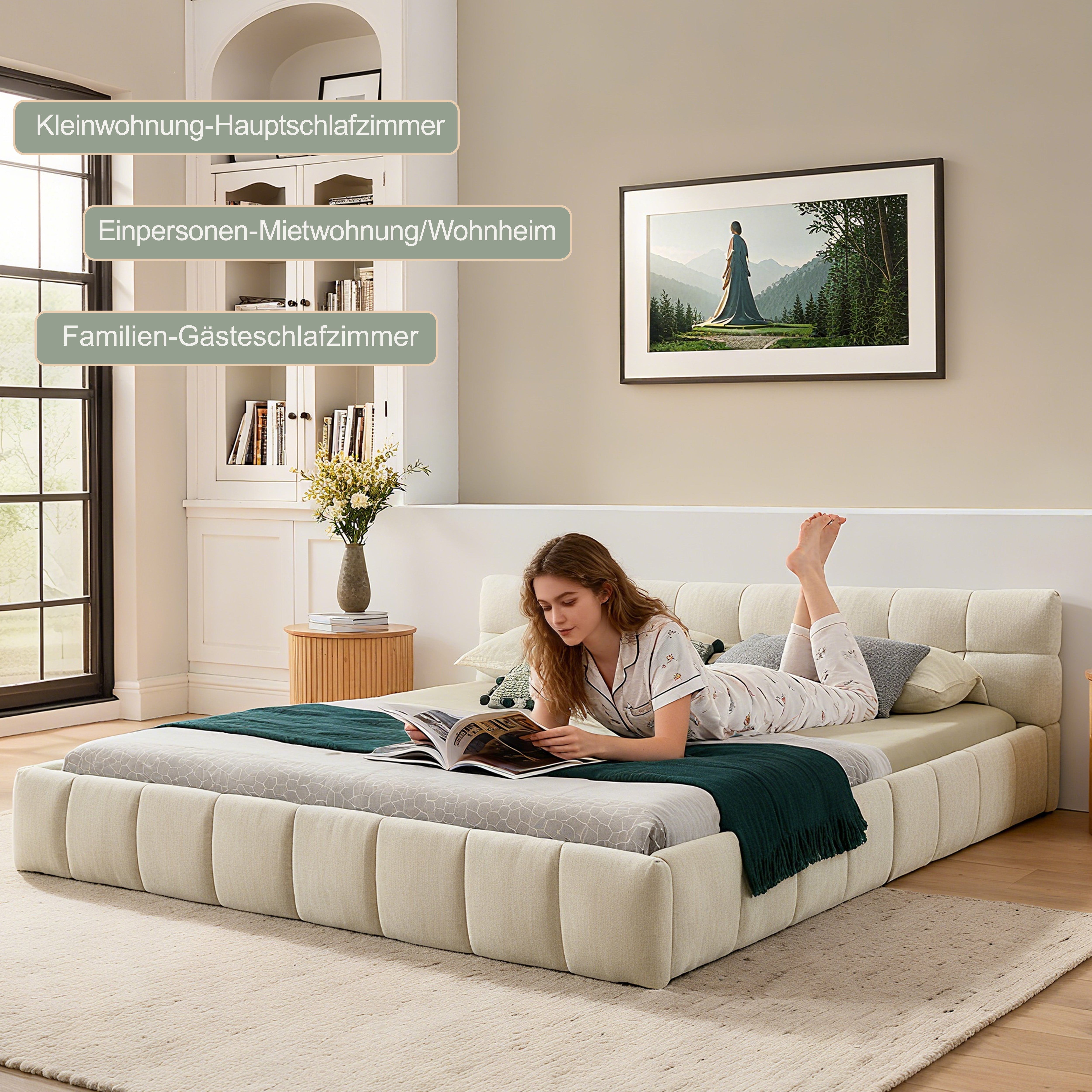 Double Bed 140x200cm, Chenille Cover Quilted Design Eucalyptus Wood Frame, Beige